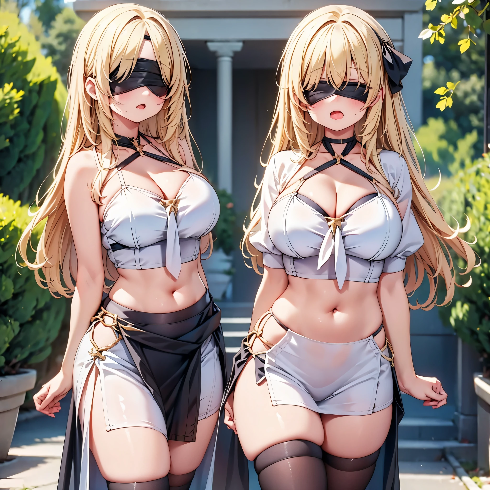 highest quality,wonderful,finely,extremely detailed CG Unity 8K wallpaper, (Stand in line:1.2), (3 girls, blonde, clothed), (huge breasts:1.2), (cleavage cutout:1.4), (crop top navel:1.4), (open mouth:1.1), (long tongue:1.1), (mouth drool:1.1), (black stockings:1.1),(Thighs:1.2),(Waistline:1.2),(black blindfold, blindfold:1.5)