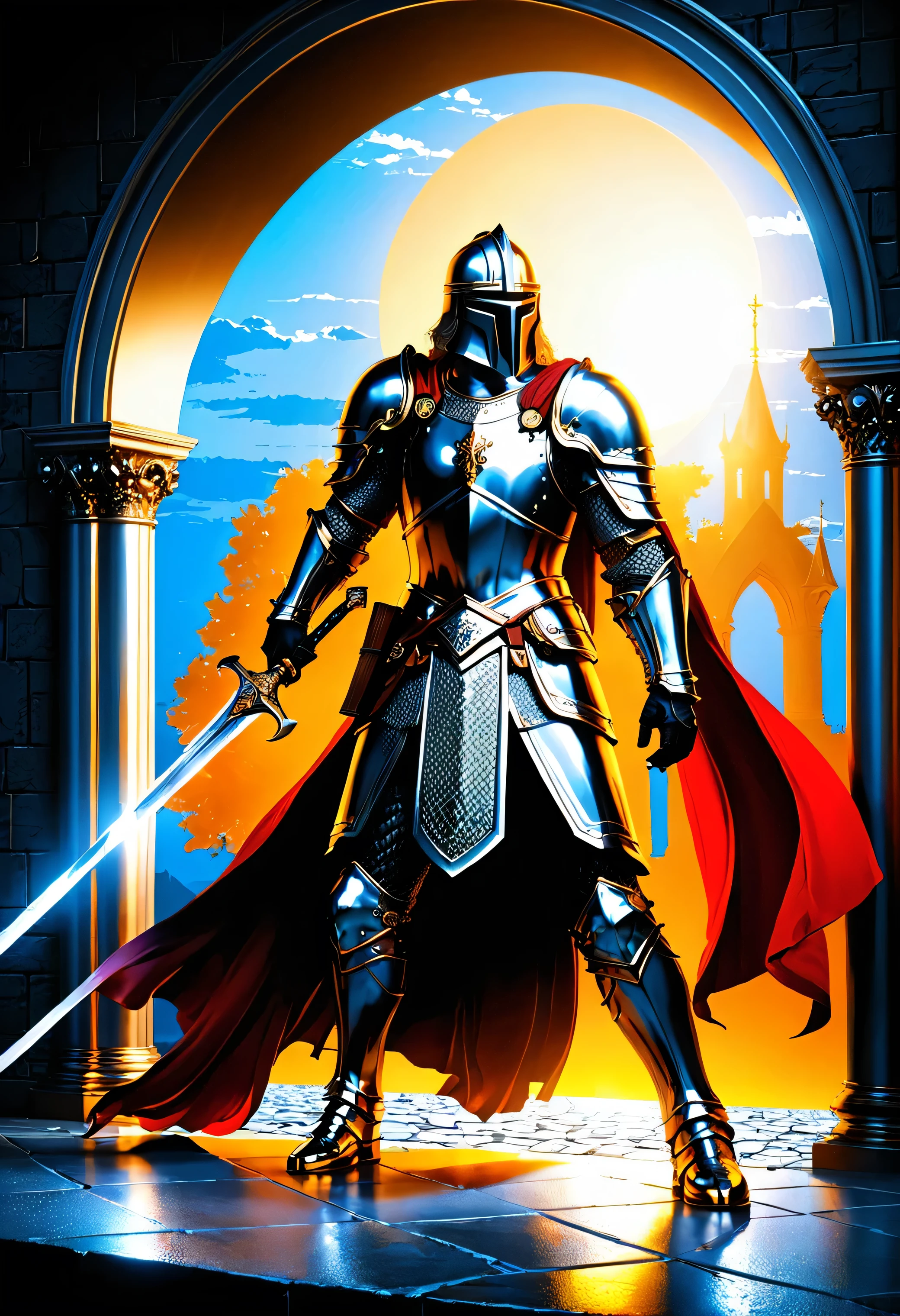 (8k Einheit Wallpaper CG extrem detailliert, Meisterwerk, best quality, Ultra-detailliert), (((Allein))), ((Weitwinkelaufnahme:1.5)), (a paladin with a legendary sword), (Themen-Hintergrund), mittelalterlich, great scene, dunkle unheimliche Umgebung, (Dunkle Seelen 3, Illustrator, (beste Illustration)