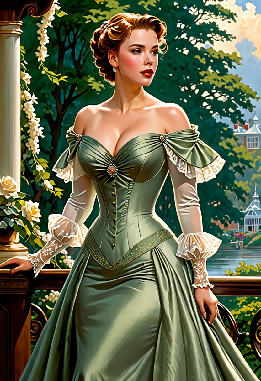 A Beautiful Aristacrat Woman With Large Elegant, Hawk-Like-Nose,. Who Embodies Old Fashioned Class, Sophistication, Elgance As Well As Wholesome, Natural Beauty. Curvy, Thin-Waist, Wide-Hips, Swaying-Hips. Scarlett Johanson. Oppulent Historically Accurate Victorian Dress. Greg Rutkowski, Thomas Kinkade, Vintage Anime.
