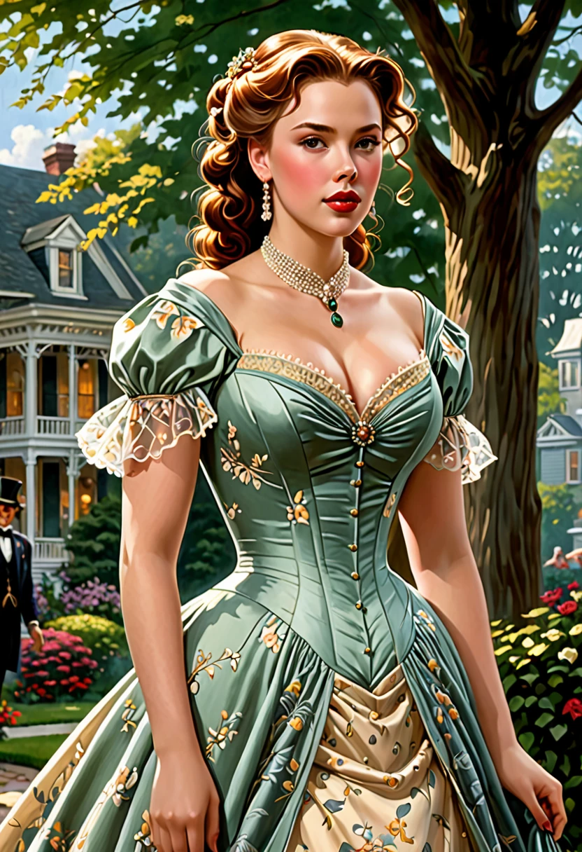 A Beautiful Aristacrat Woman With Large Elegant, Hawk-Like-Nose,. Who Embodies Old Fashioned Class, Sophistication, Elgance As Well As Wholesome, Natural Beauty. Curvy, Thin-Waist, Wide-Hips, Swaying-Hips. Scarlett Johanson. Oppulent Historically Accurate Victorian Dress. Greg Rutkowski, Thomas Kinkade, Vintage Anime.