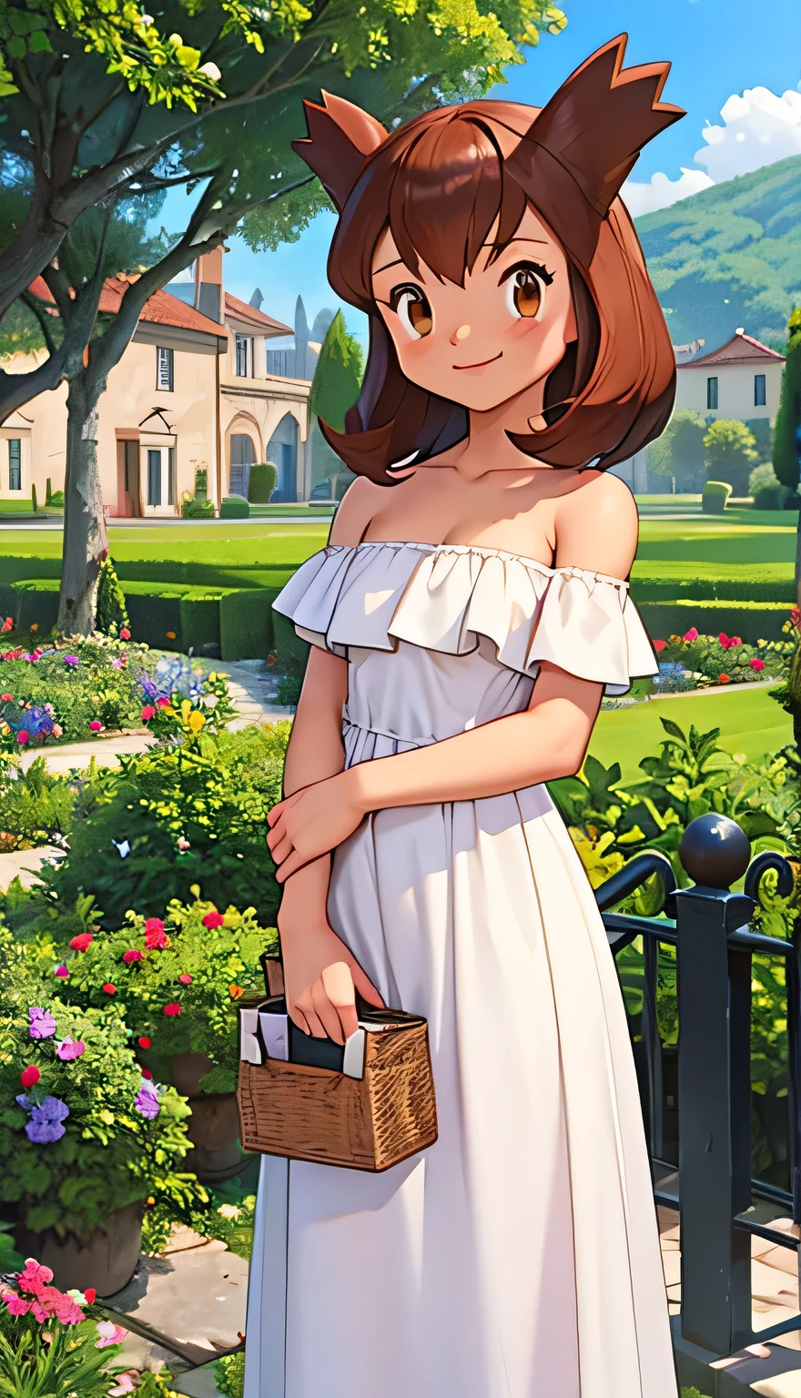 masterpiece, best quality, highres, outdoors, small breasts, 1 girl, solo, Pokemon Heroes (Bianca), Brown Hair, brown eyes, Beautiful Detail Eyes, Good hands are down, Smile, Blushing, Bare Neck, Bare Shoulders, strapless, White Ruffle Off-the-Shoulder maxi dress. Standing up. Cowboy shot. A landscape of blue skies, a mountain, a mansion, an garden maze, in the center