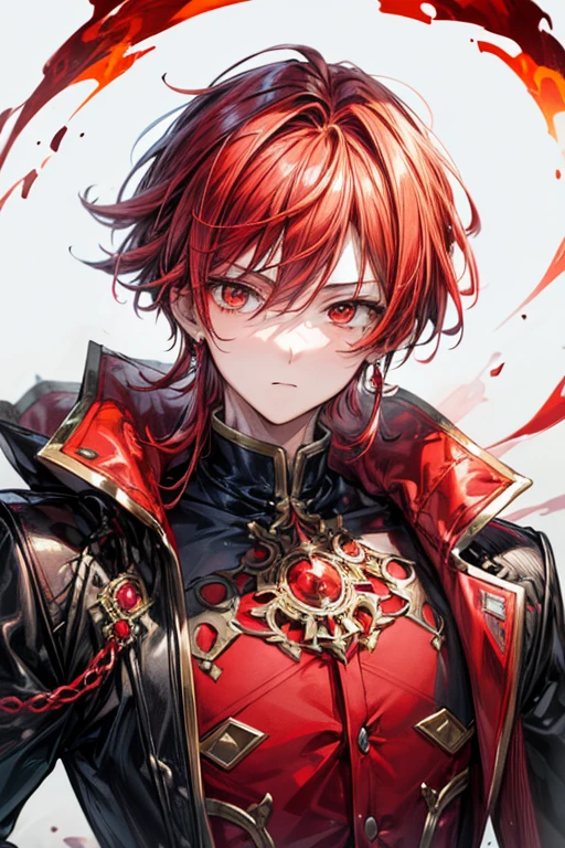 (masterpiece, best quality, perfect face, expressive eyes), 1boy, (anime), (male), (adult), red hair, orange eyes, fire eyes, noble clothes, golden rings, red jewelry, red jewel earrings, red noble coat,