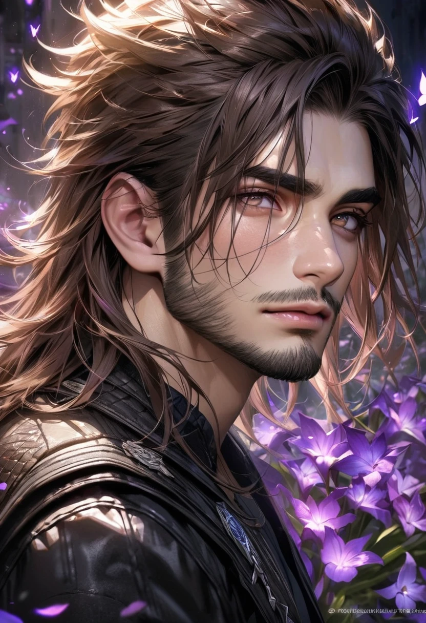 absurdres, highres, ultra detailed, HDR, master piece, best quality, extremely detailed face and eyes, perfect face, realistic face, beautiful eyes, Gladiolus Amicitia, brown hair, expressive brown eyes, Final Fantasy xv, black jacket, solo, man, handsome, purple shining butterflies, purple lilies, purple petals, purple flames