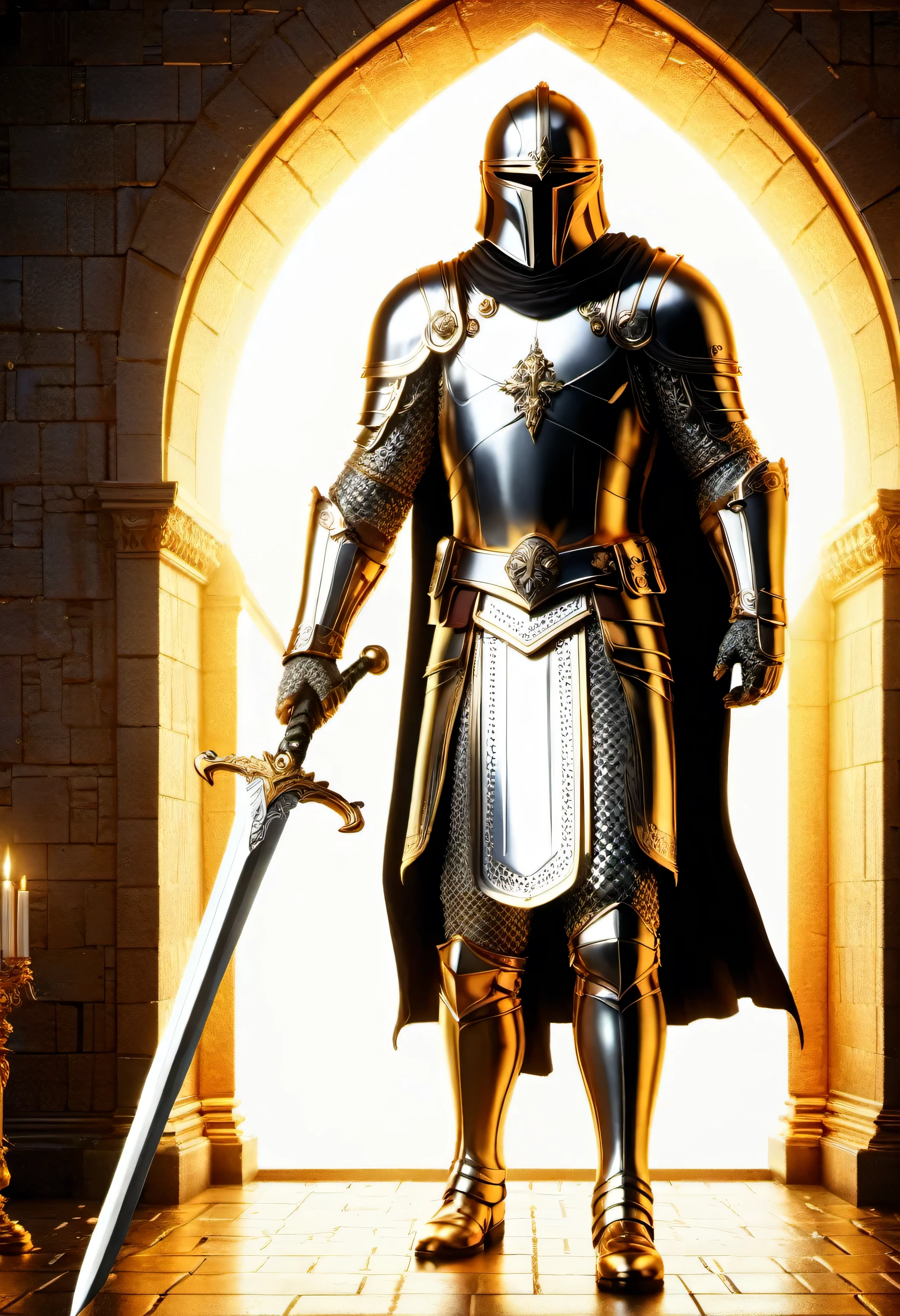 (8k Einheit Wallpaper CG extrem detailliert, Meisterwerk, best quality, Ultra-detailliert), (((Allein))), ((Weitwinkelaufnahme:1.5)), (a paladin with a legendary sword), (Themen-Hintergrund), mittelalterlich, great scene, dunkle unheimliche Umgebung, (Dunkle Seelen 3, Illustrator, (beste Illustration)