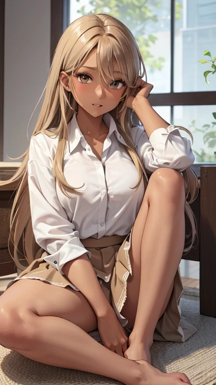 (masterpiece、highest quality、Super detailed)、1 adult lady、blonde long hair、Glowing Skin、((brown skin:1.5))、Mid-chest、((white collared shirt))、((miniskirt))、barefoot、whole body、very thick leg、sit、Knee Up