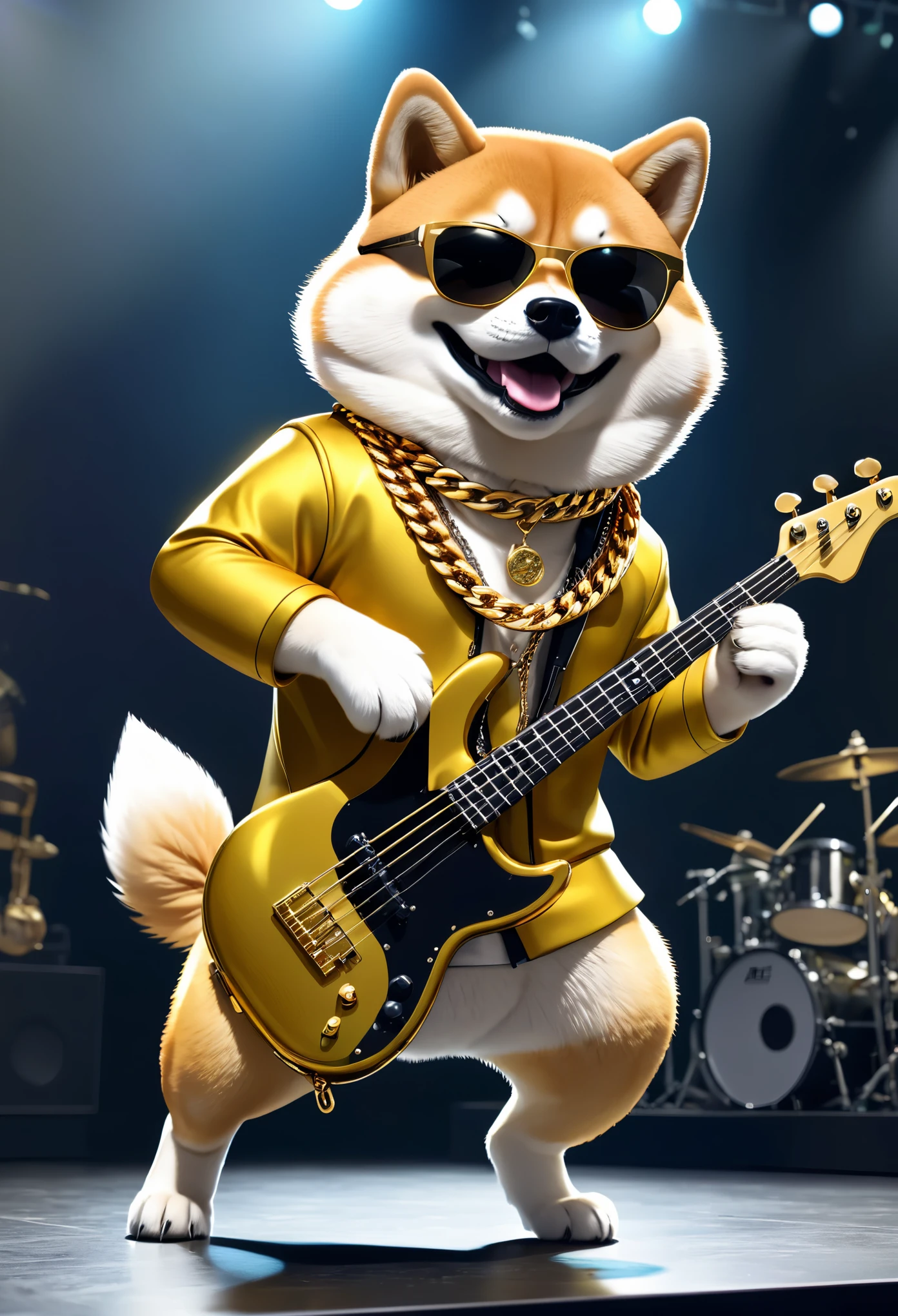 masterpiece：stage，（Anthropomorphic Shiba Inu dog，This is a rock star），Bass，Wearing sunglasses，Wearing a big gold chain，Fashion Clothing。Human movement，motion capture。