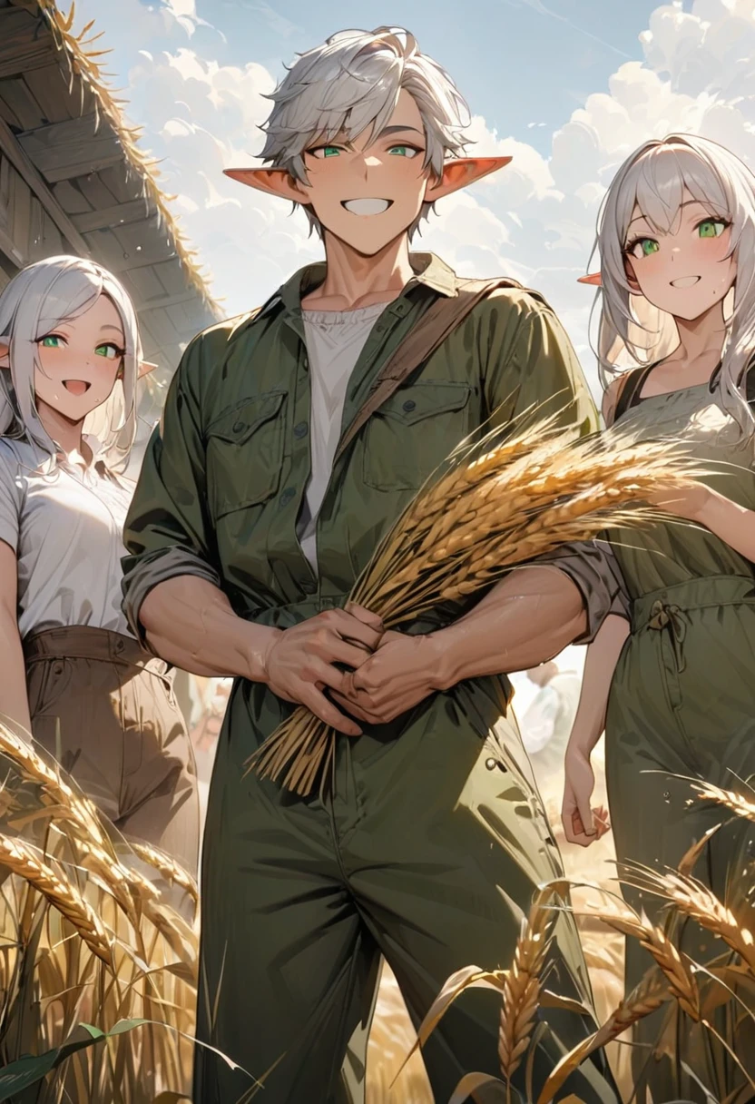 A White, Young Elf Guy, with Long White Hair, and Green Eyes, He is Handsome, Tall and Masculine, Wearing A Farmer's Suit, Holding a Crop, Smiling, Standing With 3 Girl Wives, Looking at The Crops, Smiling Contentedly while Sweating, Wheat Farm, Outdoor, High Details, Textured Skin, Masterpiece, Super Detailed, Best Quality, High Resolution, From Below