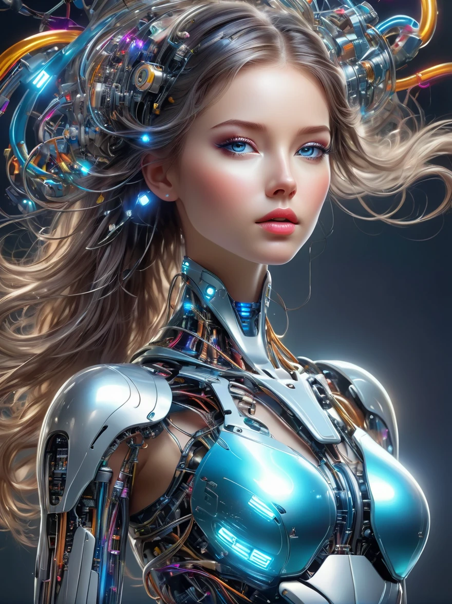 a image of a woman wearing colorful robot tech, in the style of free-flowing surrealism, shiny, glossy, precise and lifelike, hard surface modeling, precisionist lines, light silver and azure, engineering, construction and design, whole body, from head to foot, Metallic high heels, Laser light stockings, UHD, masterpiece, ccurate, anatomically correct, textured skin, award winning, best quality, 8k