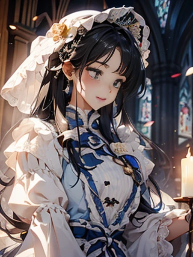 In front of the altar of a majestic church、（blurred background）、brighter light、golden long hair girl、Classic White Wedding Dresses、（elegant luster）、（Lots of races）、lots of ribbons、((voluminous puff sleeves))、long cuffs with many buttons、golden embroidery、long train、white embroidered gloves、five fingers、laughter、Redness of the cheeks