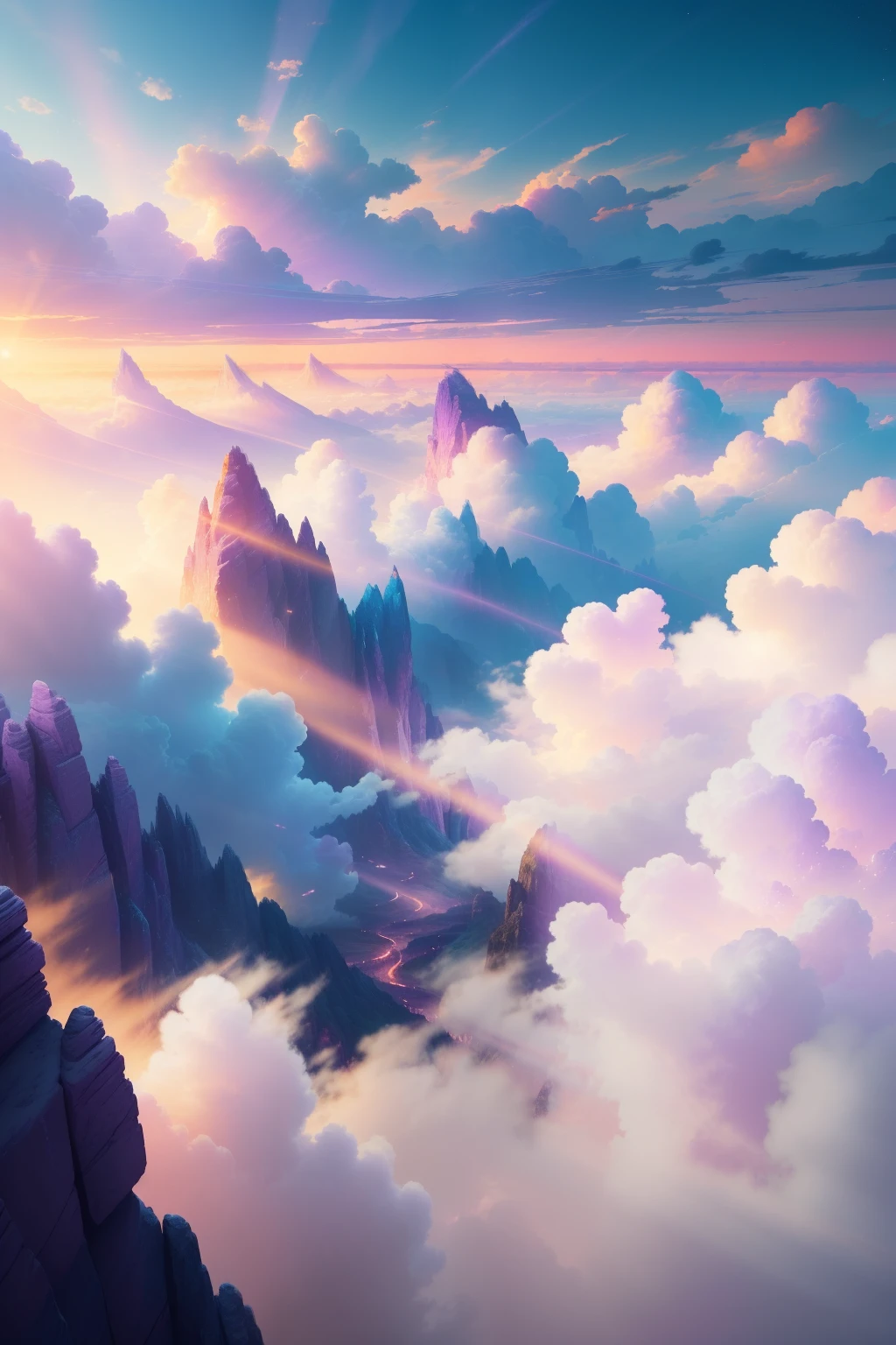 Create a high-defination image, 16:9 aspect ratio, that captures the enchanting scene of a dawn sky in exquisite detail. The image should showcase a magical and surreal atmosphere, where purple sunbeams radiate through intricately layered lilac and pink clouds. The sunbeams should look as if they are piercing the sky, casting a captivating glow on the landscape below. The clouds should appear light and ethereal, with tiny specks of light reflecting off their surfaces, giving them a glowing, almost dreamlike quality. The overall color palette should be a harmonious blend of cool purples and warm pinks, conveying a sense of
