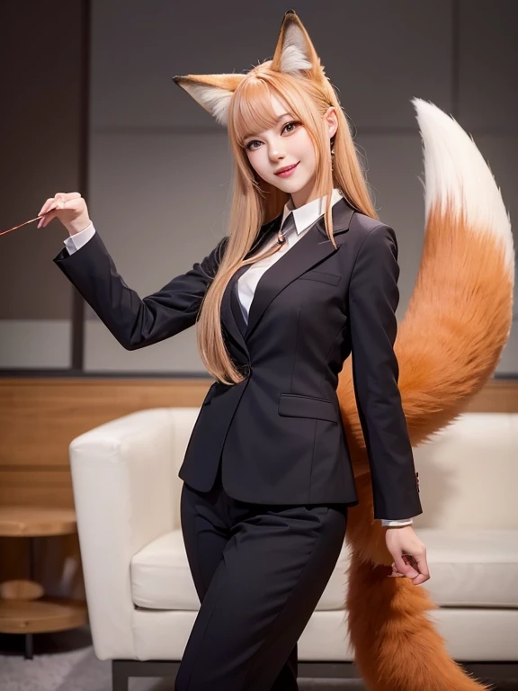 ((highest quality, 32k)), ((masterpiece)), (Get used to it), Perfect Face, Fox Girl, Beautiful woman, public, There is a tail, she has a fox tail, She wags her fluffy tail, smile, collar, She wears a business suit, Beautiful hip line, A tail sticking out from a business suit, Large Breasts