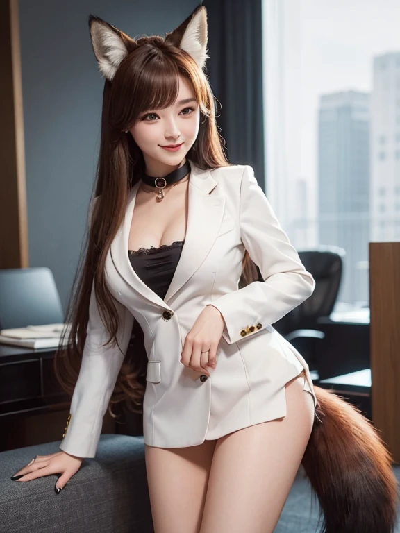 ((highest quality, 32k)), ((masterpiece)), (Get used to it), Perfect Face, Fox Girl, Beautiful woman, public, There is a tail, she has a fox tail, She wags her fluffy tail, smile, collar, She wears a business suit, Beautiful hip line, A tail sticking out from a business suit, Big Breasts