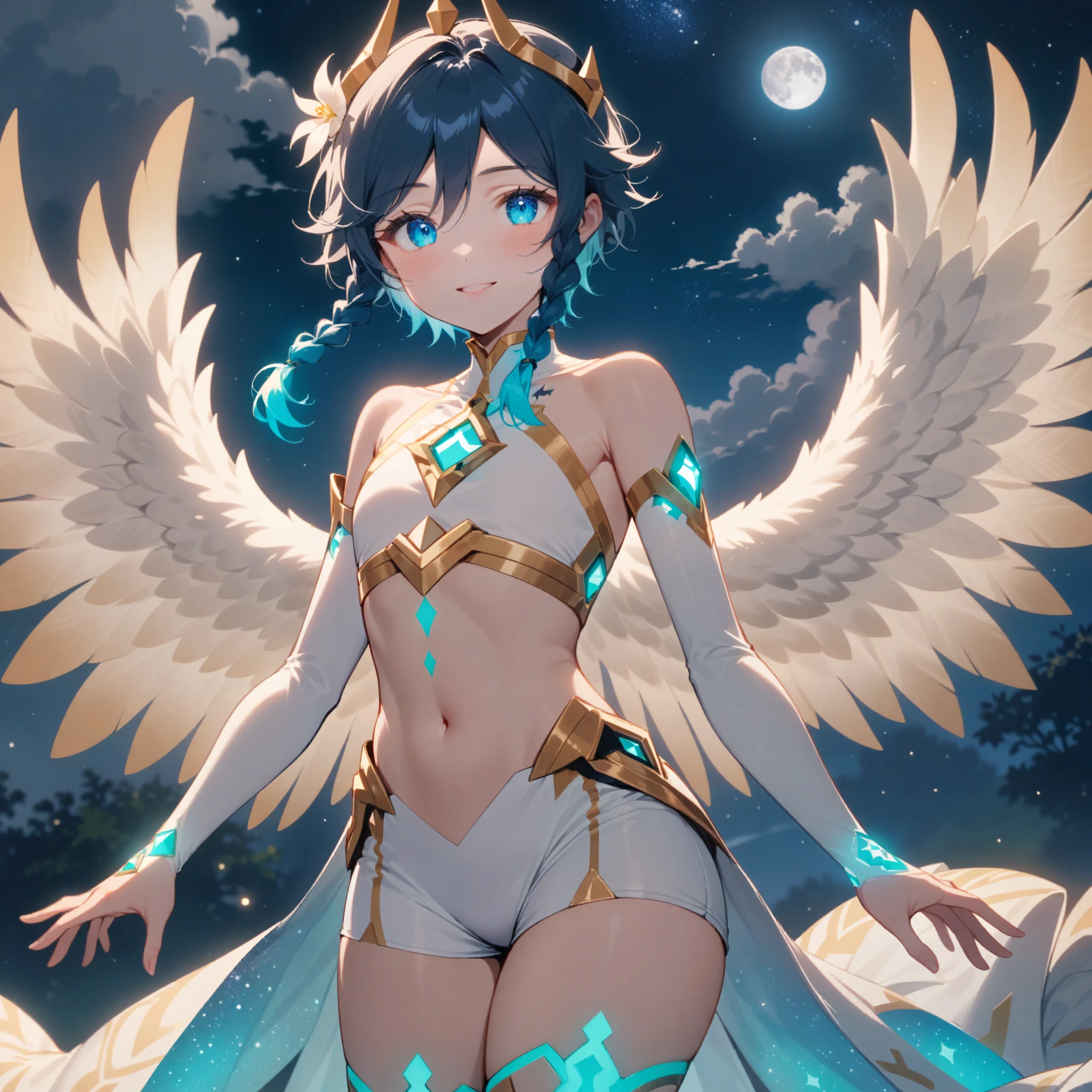 anime,two braids,flat chest,1boy,venti_/(archon/)_/(genshin_impact/),narrow_waist,ethereal,iridescence,big fluffy feathered wings,blue light particles,male_focus,intricate,white crop top,white short shorts,white dress train starry blue underneath,glowing tattoo,rich anime color,vivid lighting,hires,glossy lips,bare stomach,back lighting, seductive, hair flower, starry_sky, full_moon, milkyway,wide_hips,dsmile