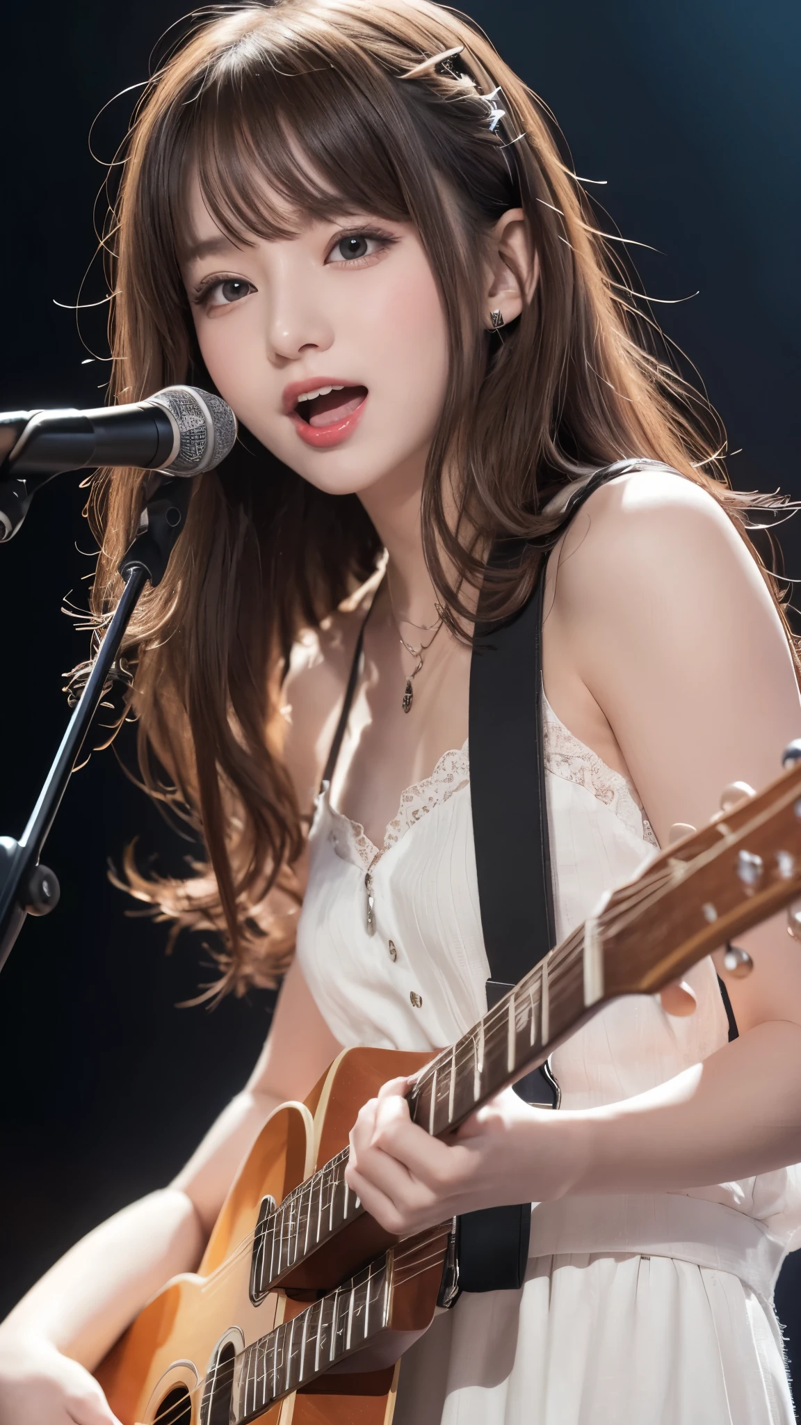 (RAW Shot: 1.5, Photorealistic: 1.5, 8k, Top Quality, Masterpiece, Ultra High Resolution), , Detailed Skin and Face Texture: 1.3, A girl in a dreamlike state, playing the guitar with passion. She has long, vibrant hair cascading down her shoulders, dressed in ethereal white. She's the heart and soul of a rock band, belting out a song with fervor. Musical notes swirl around her, creating a magical atmosphere. This is a high-quality illustration, capturing a beautifully vivid and colorful moment. big eyes