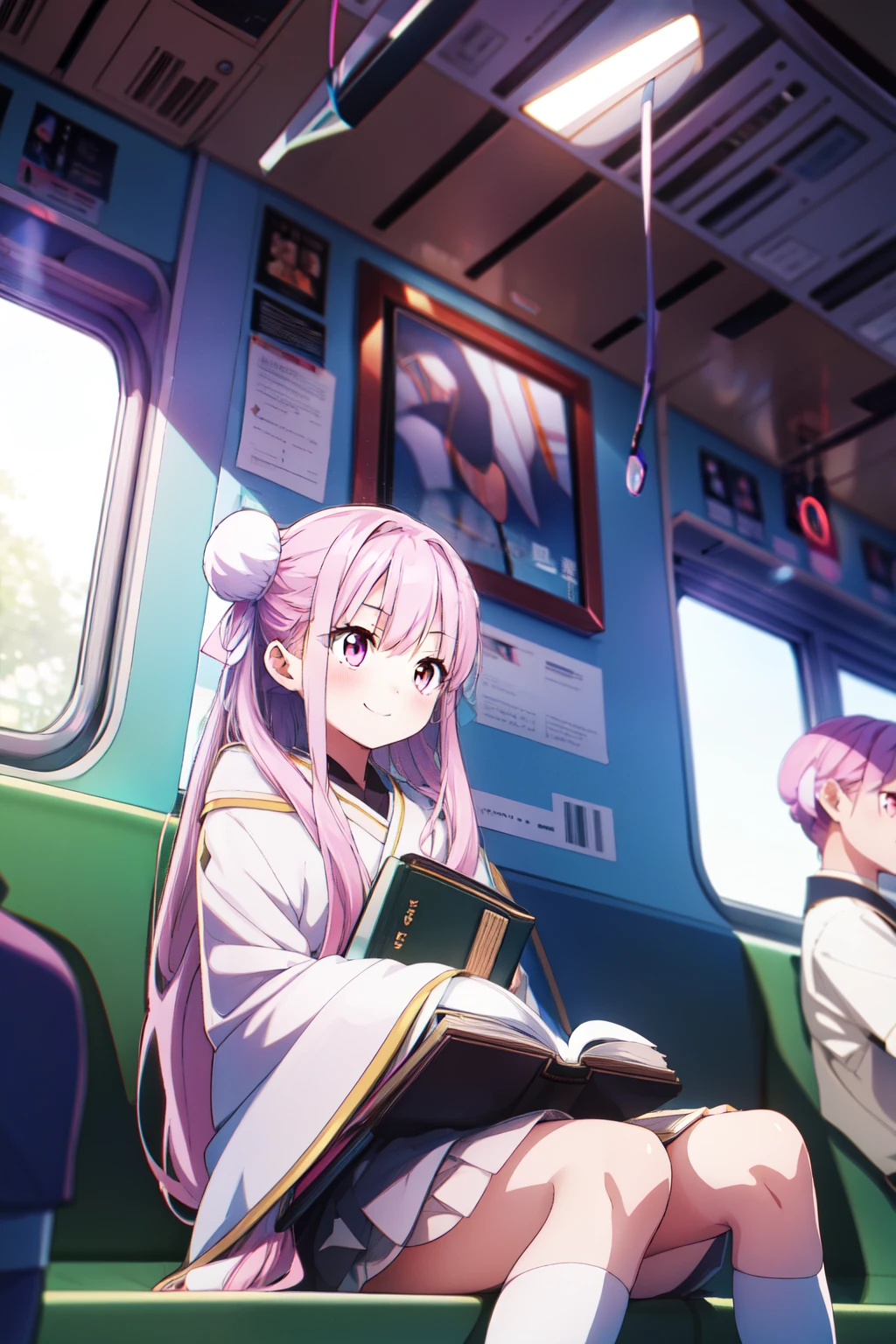 Absurd, High resolution, (Official Art, beautiful), Super detailed, takimoto hifumi, Long Hair, sit in a train seat, Illumination, effect,masterpiece, highest quality, High resolution, {緻密でbeautiful目}, finely,  緻密でbeautiful目,1 Girl, (alone:1.5),  (Hair Ribbon:0.4), Pink Eyes,Cinematic Angles,perspective,White bun hair,Long pink hair,whole body,Refers to 5 books,smile 