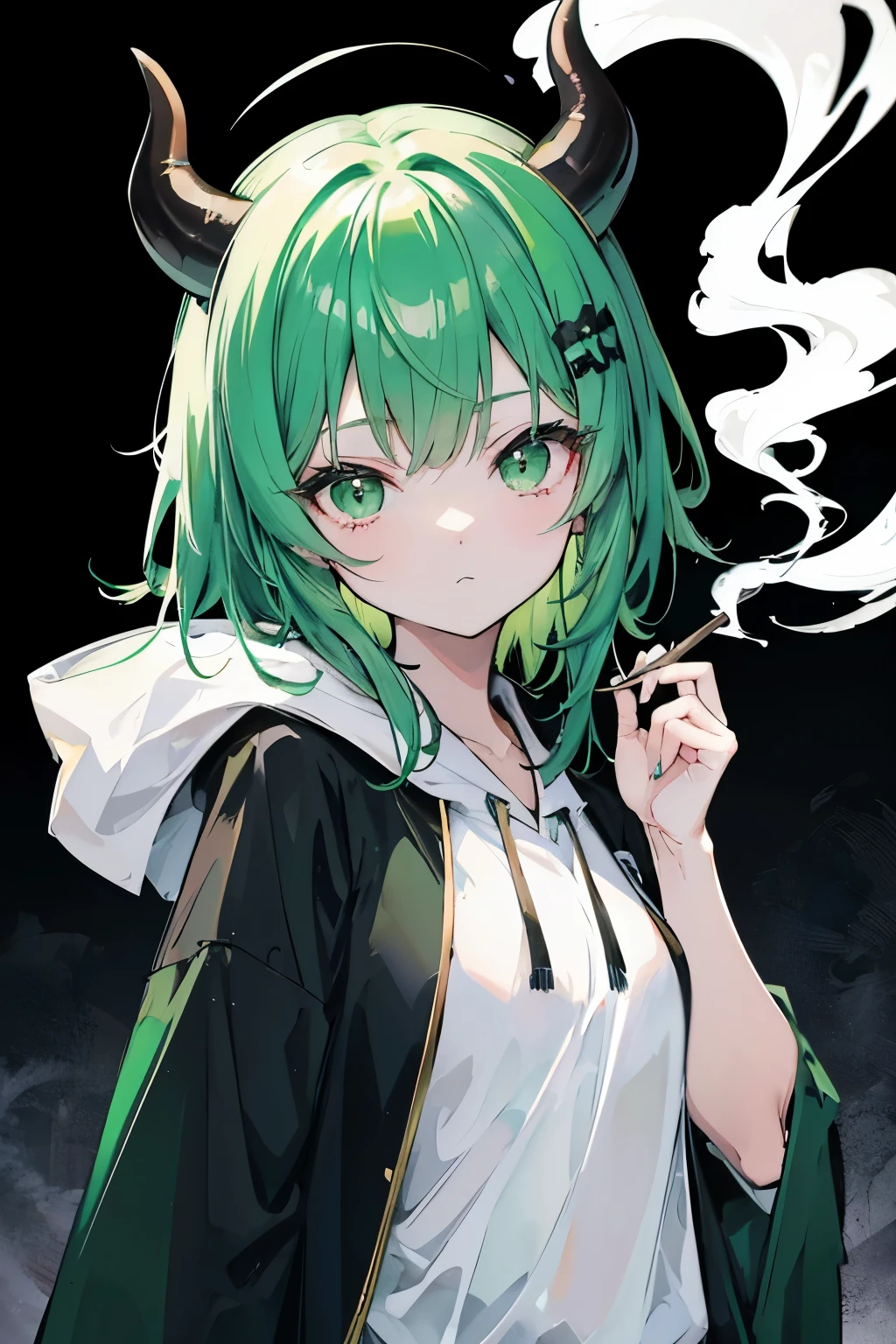 Green Hair　Girl　Medium Hair　Black kimonoに白いパーカーをゆったり羽織る　cute　Demon Horns　Smoking　Black kimono