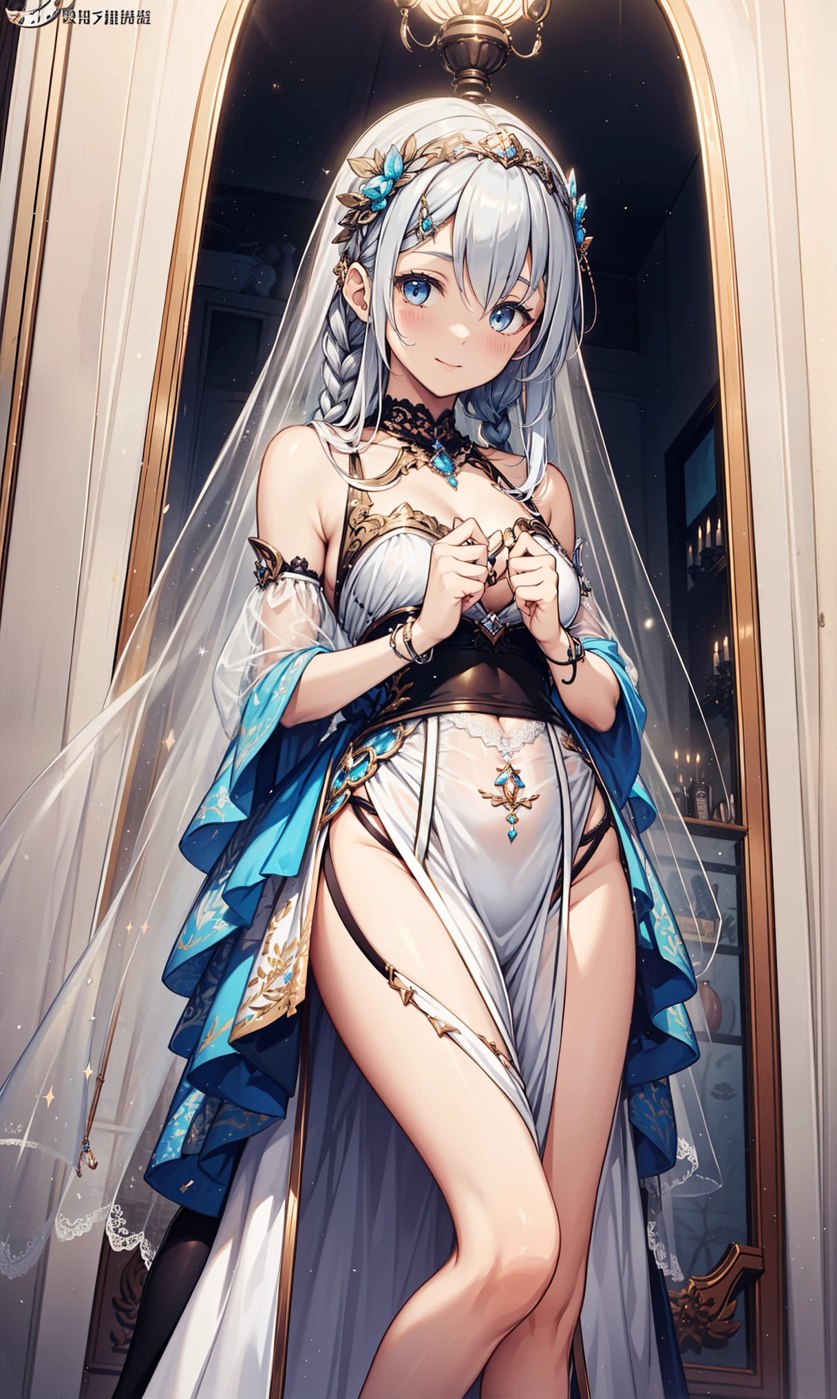 saints,Attractions,having fun,in love,(Western magic white dress),Silver Hair,blue eyes,see through transparent clothes,Exquisite hair accessories,Transparent lace,sky blue pattern,night,Dress nicely,bedroom,The only person,night,Carved sling boots