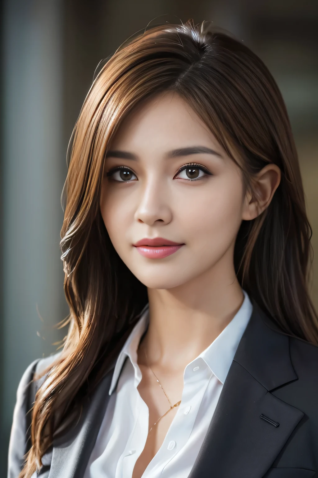 Tabletop, highest quality, Realistic, Very detailed, In detail, High resolution, 8k wallpaper, One beautiful woman,, Light brown messy hair, Wear a business suit, Sharp focus, Perfect dynamic composition, Beautiful details, Thin Hair, Detailed and realistic skin texture, smile, Close-up portrait, Model Body Type