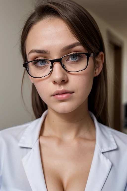 A troubled looking 22 yo Russian woman in a white nurse uniform. Close up, hospital, cleavage . Glasses