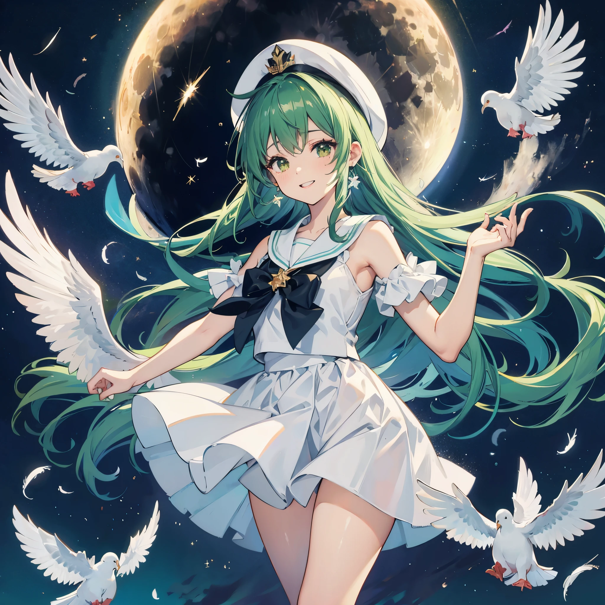 ((fluffy feathers　Crying face　tears　smile)，((white dove　Big full moon))，(End of the Galaxy　shooting star　camisole　Drop shoulder　Shiny earrings　Green Hair　Long Hair)，Sailor suit　hat