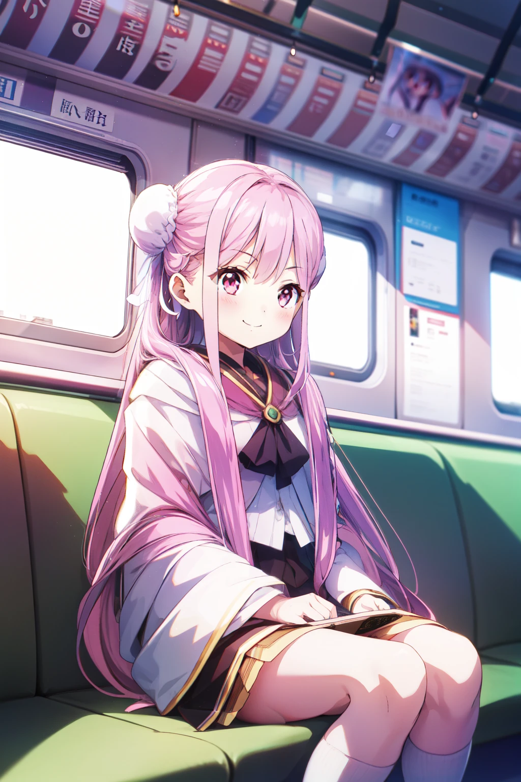 Absurd, High resolution, (Official Art, beautiful), Super detailed, sit in a train seat, Illumination, effect,masterpiece, highest quality, High resolution, {緻密でbeautiful目}, finely,  緻密でbeautiful目,1 Girl, (alone:1.5),  (Hair Ribbon:0.4), Pink Eyes,Cinematic Angles,perspective,White bun hair,Long pink hair,whole body,Refers to 5 books,smile 