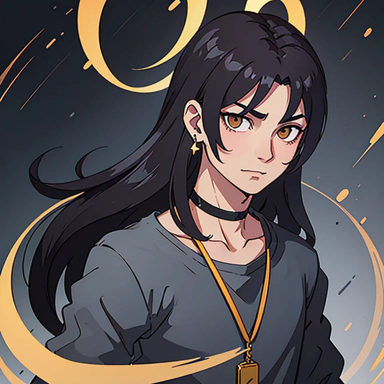 BNA anime art style; dark-haired man; golden eyes; choker with a DogTag; slight smirk at the corner of the mouth; silver earring in left ear; slightly devil aura and appearance