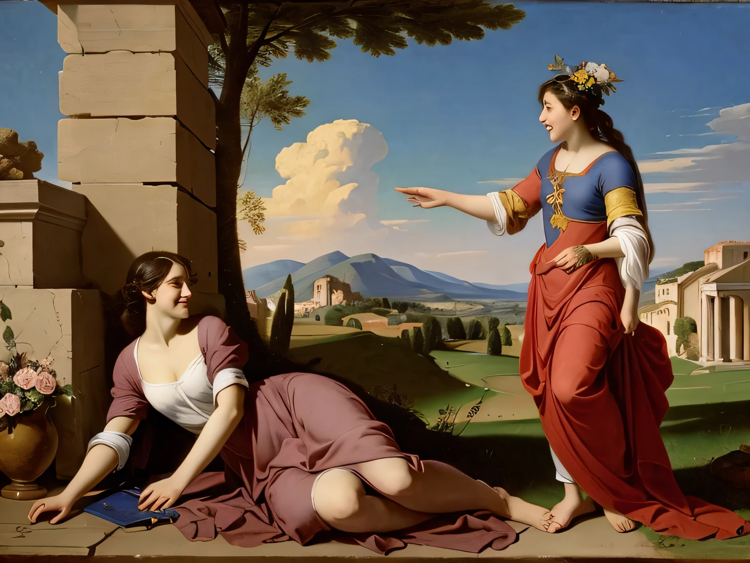 Ancient Roman ruins,landscape in the style of Poussin,A smile,,Sweet and seductive appearance.、Caravaggio's paintings、Chiaroscuro of Caravaggio、Hair disheveled in the wind,Two women frolicking,Cute smile, Expression of ecstasy,A sexy,erotick