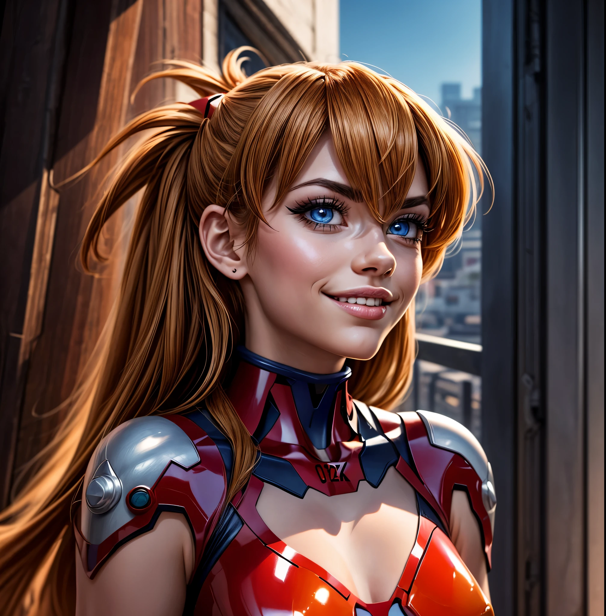 ((Asuka Langley Sohryu)), ((extremely detailed 8k illustration)), high resolution, (extremely detailed and hermoso background), pintura ultra detallada, professional illustration, Ultra-precise representation, Ultra-detailed rendering, (hermoso and aesthetic:1.2), hdr, (profundidad de campo:1.4), vistoso, vivid, hermoso detailed glow light particles, intrincado:1.4, buenas manos, manos perfectas, (mujer), Detalles de la cara:1.2, cara bonita, (Blue eyes), Hermoso rostro, ojos bonitos, ojos brillantes, labios delgados, pale and sharp eyebrows, long eyelashes, Long lower lashes, double eyelids,  ((Asuka de Evangelion)), ((traje eva 02 de latex rojo con fuerte brillo metalico y superficie lisa)), highly detailed hermoso face and eyes, ((sonrisa, mirando lascivamente)), mirar al espectador, evento, (exquisite lighting and shadow), dynamic angle, DSLR, Sharp focus: 1.0, Maximum clarity and sharpness