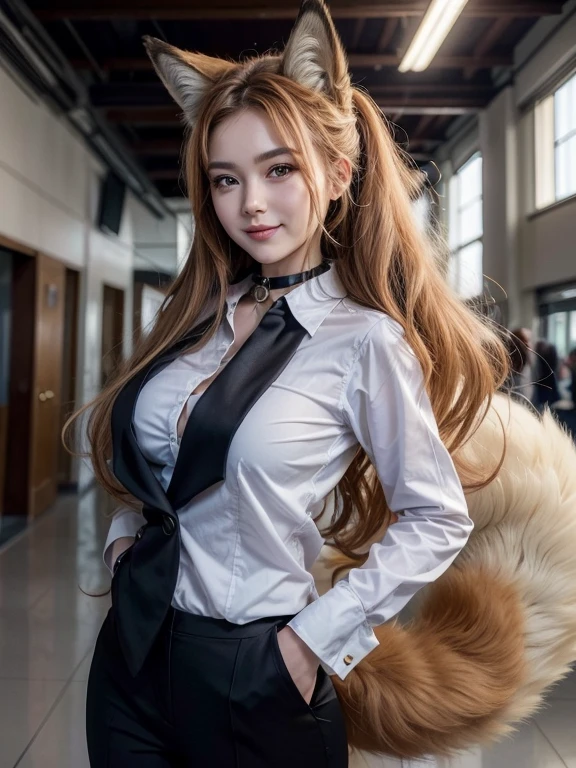((highest quality, 32k)), ((masterpiece)), (Get used to it), Perfect Face, Fox Girl, Beautiful woman, public, There is a tail, she has a fox tail, She wags her fluffy tail, smile, collar, She wears a business suit, Beautiful hip line, A tail sticking out from a business suit