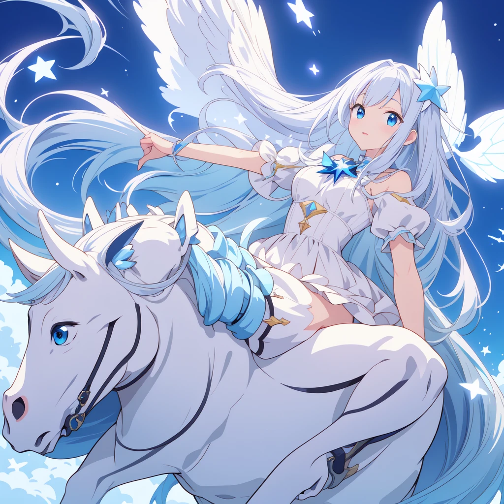 Super detailed、super beautiful、Mastepiece、highest quality、Masterpiece、Official Art、16k、Star fairy riding a star vehicle、Milky white and blue gradient long hair、