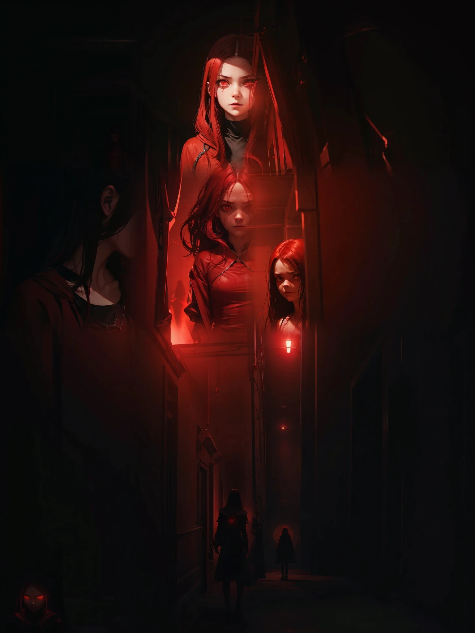 The Red Queen is a computer system that was created by evilness, there was some good in the program,appearence a 13 years old teenage girl.There was a  standing in a dark school hallway，Horror face looking the camera, red lights，atmospheric red lighting, red and cinematic lighting,red bright eyes,cinematic Red lighting, [ horror game ], author：Shitao, Scary cinematic lighting, Atmospheric red effect, atmospheric artwork, Sinister dark aura, vampire horror, detailed 4k horror artwork, Dark odor :: sport