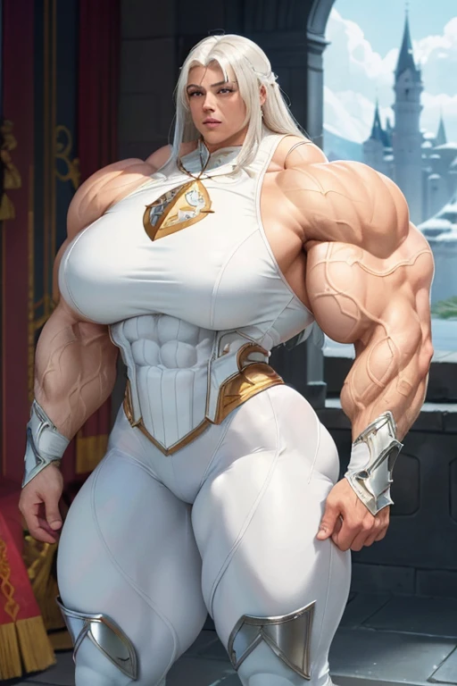 ((((Massive beautiful, buff, light brown skinned muscular paladin woman with white hair, ginormous bulky muscles and wearing full gleaming white paladin armor with tight pants)))), close view, vascular, massive muscle, massive biceps, hyper muscle shoulders, vascular shoulders, hyper muscle triceps, (long straight hair), blue eyes, (knight boots), determined look, (in a castle in heaven), snowfall, Vascular arms, hyper muscles arms, hyper muscle legs, massive buff arms.