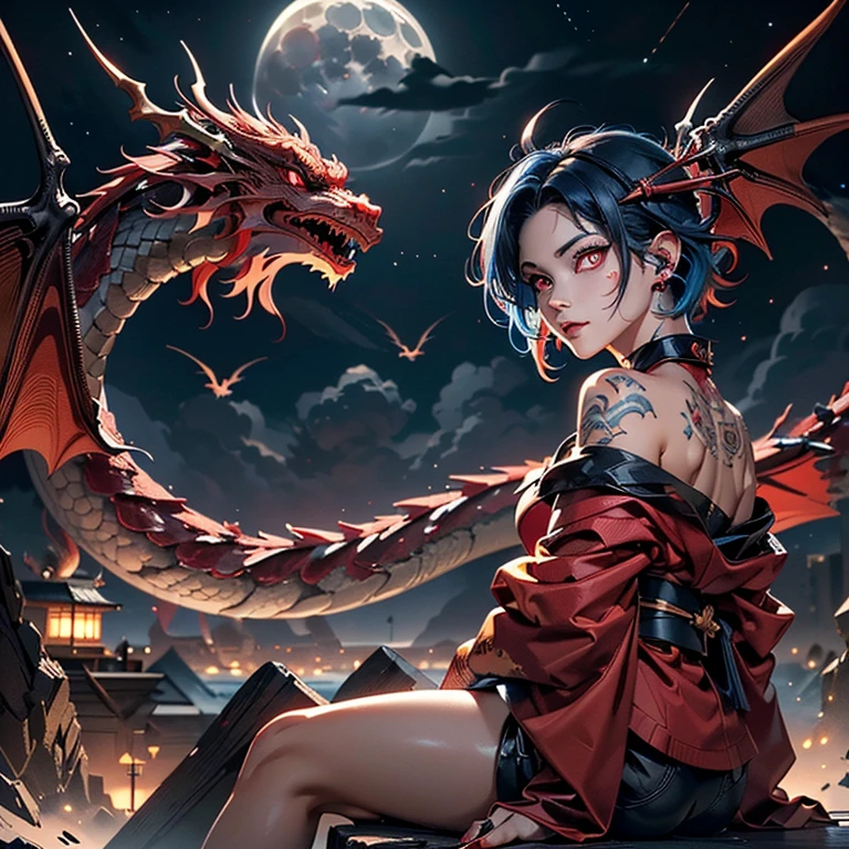 An 18 year old girl, wearing kimono, bare shoulder, sitting, looking at the Full Moon, red moon clouds, stars, point of view, dynamic angle:1.4, (((big dragon in the background, beautiful background:1.3))), girl beautiful with red lips, smile:1.3, smoky makeup, Piercing, ear piercing, ((red eyes:1.5, sparkling eyes, detailed eyes:1.4)), (Messy short hair, highlighted hair, black hair, red hair, blue hair, hair color:1.4), (Body covered in tattoo, image with skin glow, high detail), Ray tracing, motion lines, masterpiece:1.37, best quality, 8k, Ultra HD, high resolution, high details, cinematic lighting, hyperrealism, textured skin, anatomically correct, Unity 8K CG wallpaper, highly detailed:1.1, noise removal resistance:1.45