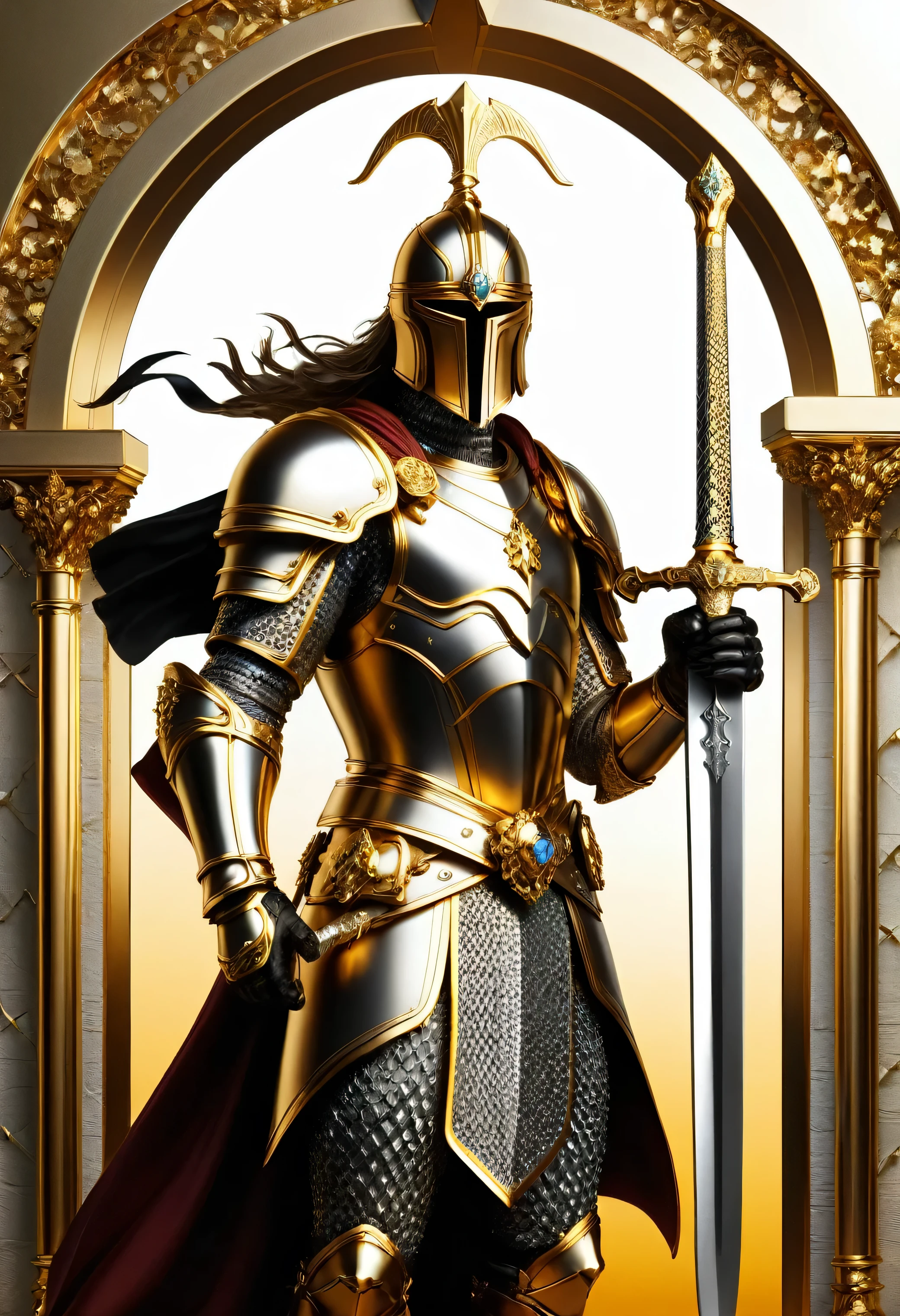 (8k Einheit Wallpaper CG extrem detailliert, Meisterwerk, best quality, Ultra-detailliert), (((Allein))), ((Weitwinkelaufnahme:1.5)), (a paladin with a legendary sword), (Themen-Hintergrund), mittelalterlich, great scene, dunkle unheimliche Umgebung, (Dunkle Seelen 3, Illustrator, (beste Illustration)