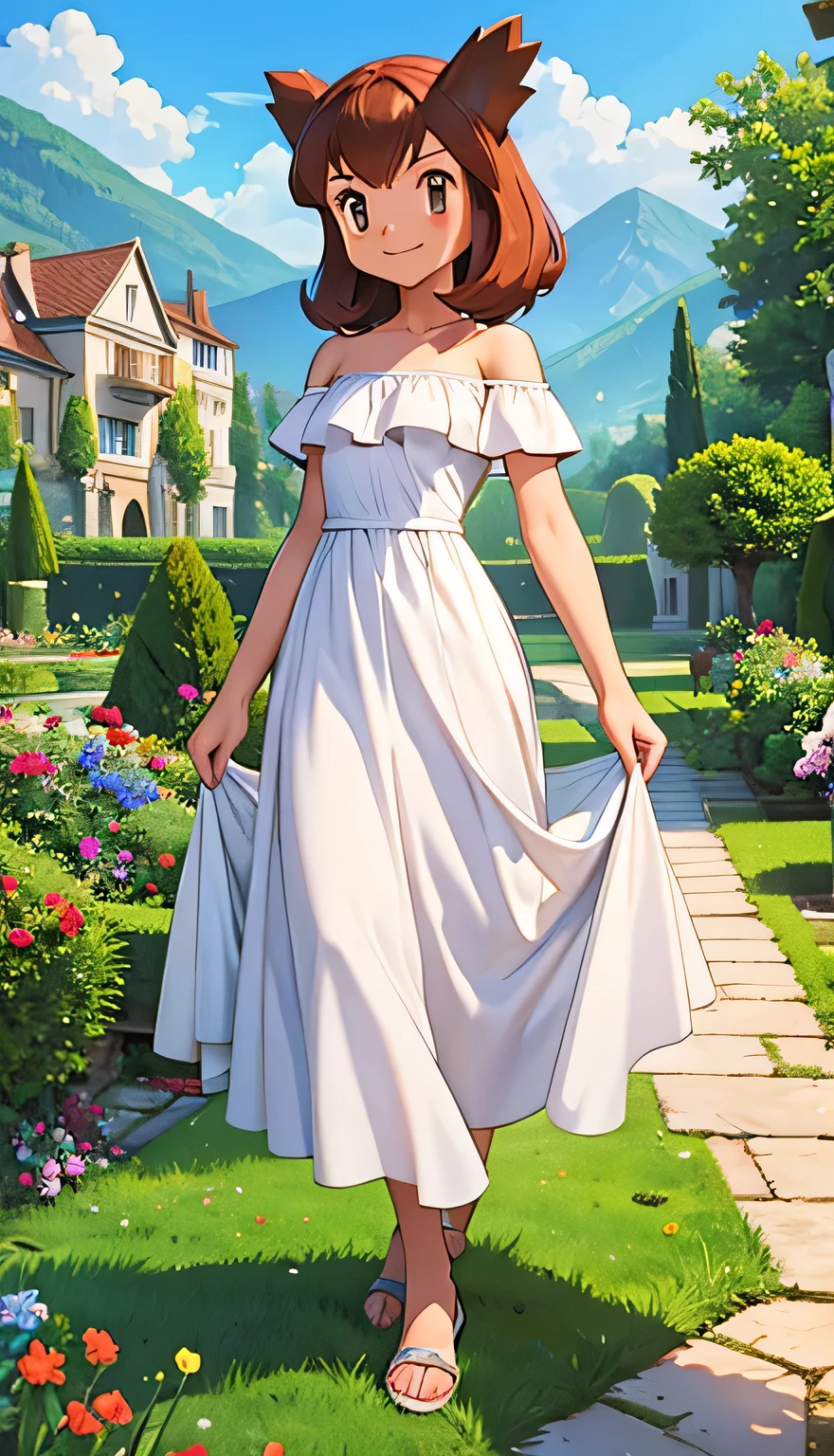 masterpiece, best quality, highres, outdoors, small breasts, 1 girl, solo, Pokemon Heroes (Bianca), Brown Hair, brown eyes, Beautiful Detail Eyes, Good hands are down, Smile, Blushing, Bare Neck, Bare Shoulders, strapless, White Ruffle Off-the-Shoulder maxi dress. Standing up. Cowboy shot. A landscape of blue skies, a mountain, a mansion, an garden maze, in the center