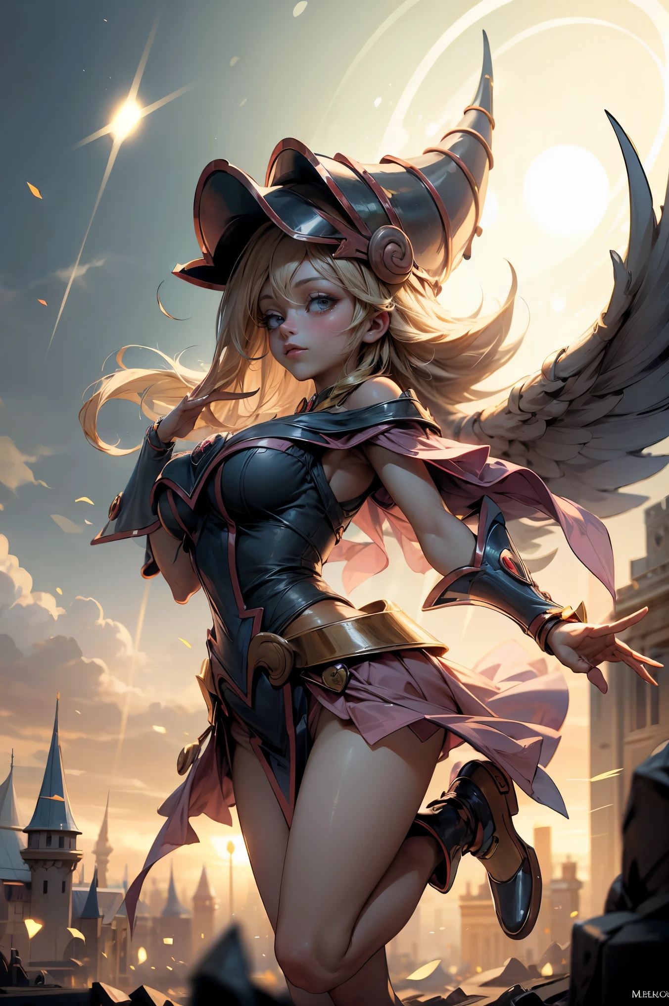 (Obra maestra:1.2), (La mejor calidad:1.2), Perfect lighting, Chica Maga Oscura lanzando un hechizo, En sus veinte, flotando en el aire, tetas grandes, escote, bata azul, sombrero grande, desde arriba, Destellos, Yugioh juego, magic of the heart. luces del corazon, Romantic heart
