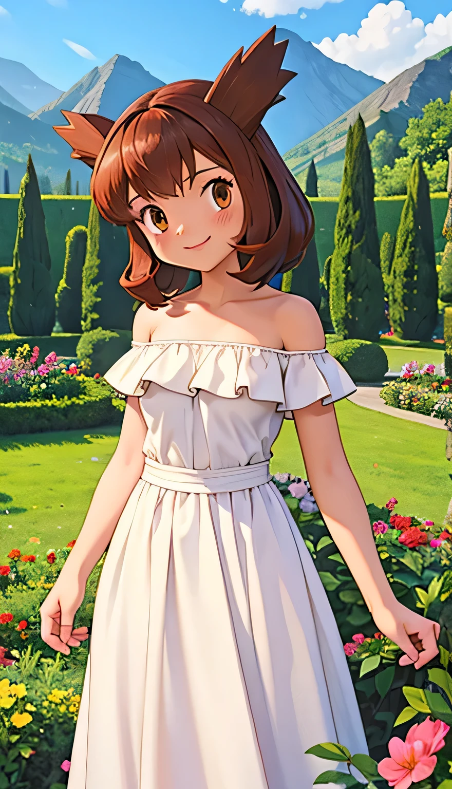 masterpiece, best quality, highres, outdoors, small breasts, 1 girl, solo, Pokemon Heroes (Bianca), Brown Hair, brown eyes, Beautiful Detail Eyes, Good hands are down, Smile, Blushing, Bare Neck, Bare Shoulders, strapless, White Ruffle Off-the-Shoulder maxi dress. Standing up. Cowboy shot. A landscape of blue skies, a mountain, a mansion, an garden maze, in the center