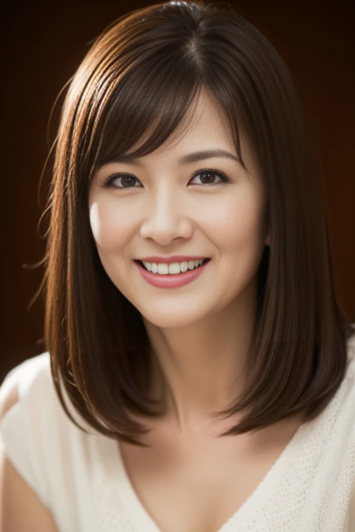 Masseter Film, highest quality, masterpiece, High resolution, realism, Original photo, 8k wallpaper, perfection, Professional Lighting, Very detailed, Written boundary depth, ((Beautiful woman)), ((Sexy 43 year old woman)),,  ((smile)), Detailed face, Beautiful Eyes,, bangs, Photo of your face, (sexy look), Brown long hair, (Thick lips), 