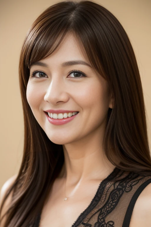 Masseter Film, highest quality, masterpiece, High resolution, realism, Original photo, 8k wallpaper, perfection, Professional Lighting, Very detailed, Written boundary depth, ((Beautiful woman)), ((Sexy 43 year old woman)),,  ((smile)), Detailed face, Beautiful Eyes,, bangs, Photo of your face, (sexy look), Brown long hair, (Thick lips), 