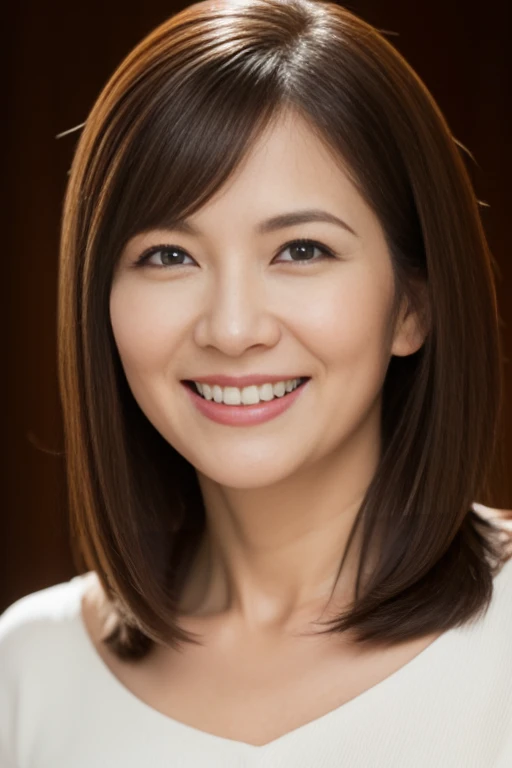 Masseter Film, highest quality, masterpiece, High resolution, realism, Original photo, 8k wallpaper, perfection, Professional Lighting, Very detailed, Written boundary depth, ((Beautiful woman)), ((Sexy 43 year old woman)),, ((smile)), Detailed face, Beautiful Eyes,, bangs, Photo of your face, (sexy look), Brown long hair, (Thick lips),