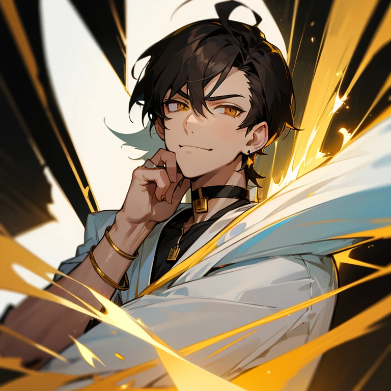 BNA anime art style; dark-haired man; golden eyes; choker with a DogTag; slight smirk at the corner of the mouth; silver earring in left ear; slightly angelical aura and appearance