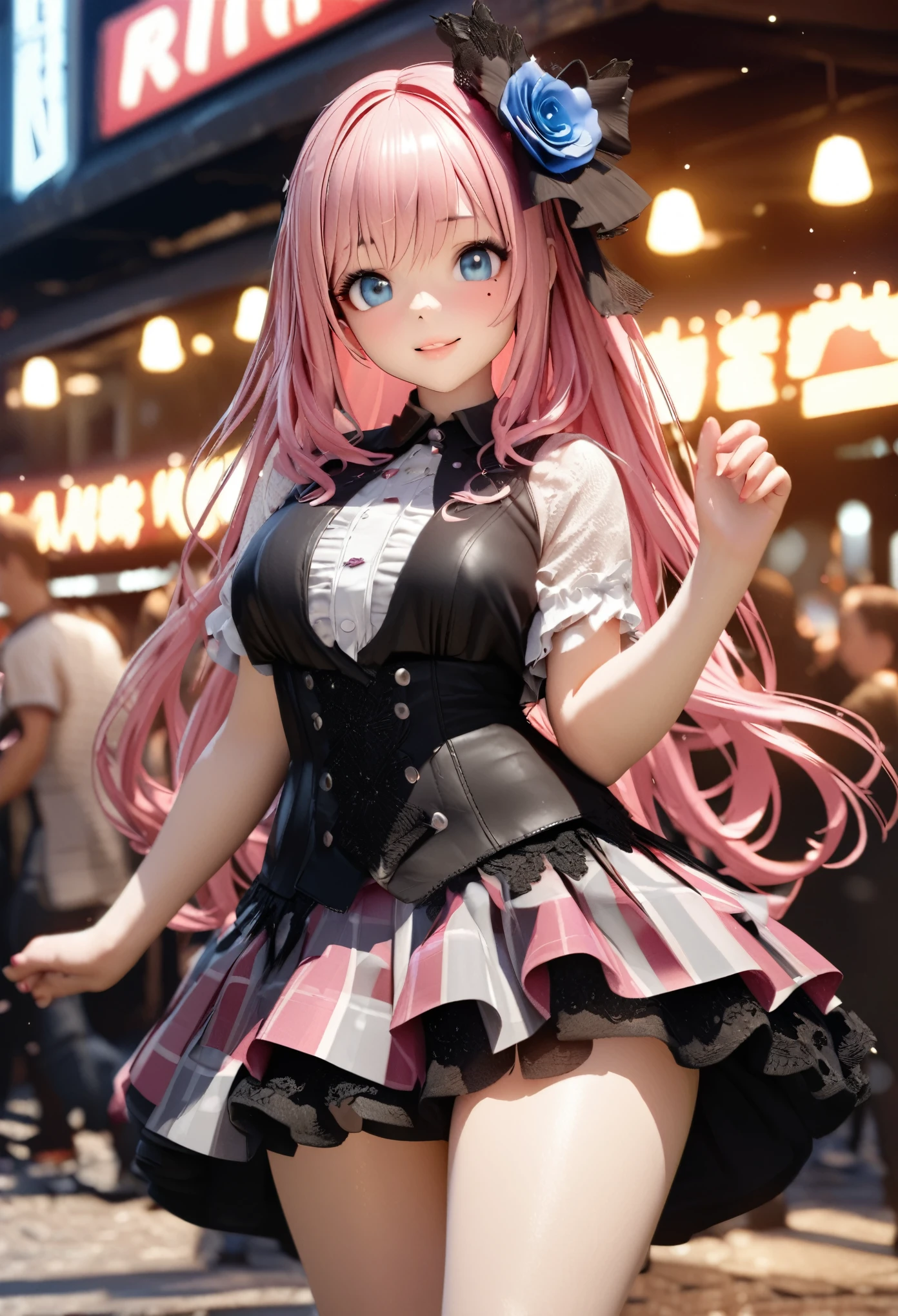 extremely detailed CG unity 8k wallpaper, best quality, ultra-detailed, masterpiece, realistic, photo realistic, blush, parted lips, looking at viewer , half body shot , (Perona One Piece), ping long hair, blushing, beautiful face, embarrassed face, standing, arms behind head, cute face, goth outfit, twintails, outdoor, sakura blossom, stripe legging, skirt, smile at viewer,