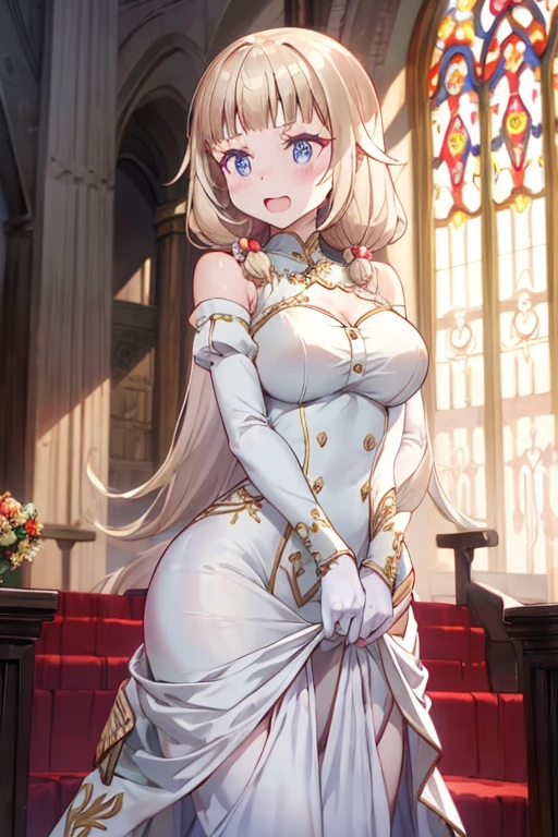 In front of the altar of a majestic church、（blurred background）、brighter light、golden long hair girl、Classic White Wedding Dresses、（elegant luster）、（Lots of races）、lots of ribbons、((voluminous puff sleeves))、long cuffs with many buttons、golden embroidery、long train、white embroidered gloves、five fingers、laughter、Redness of the cheeks
