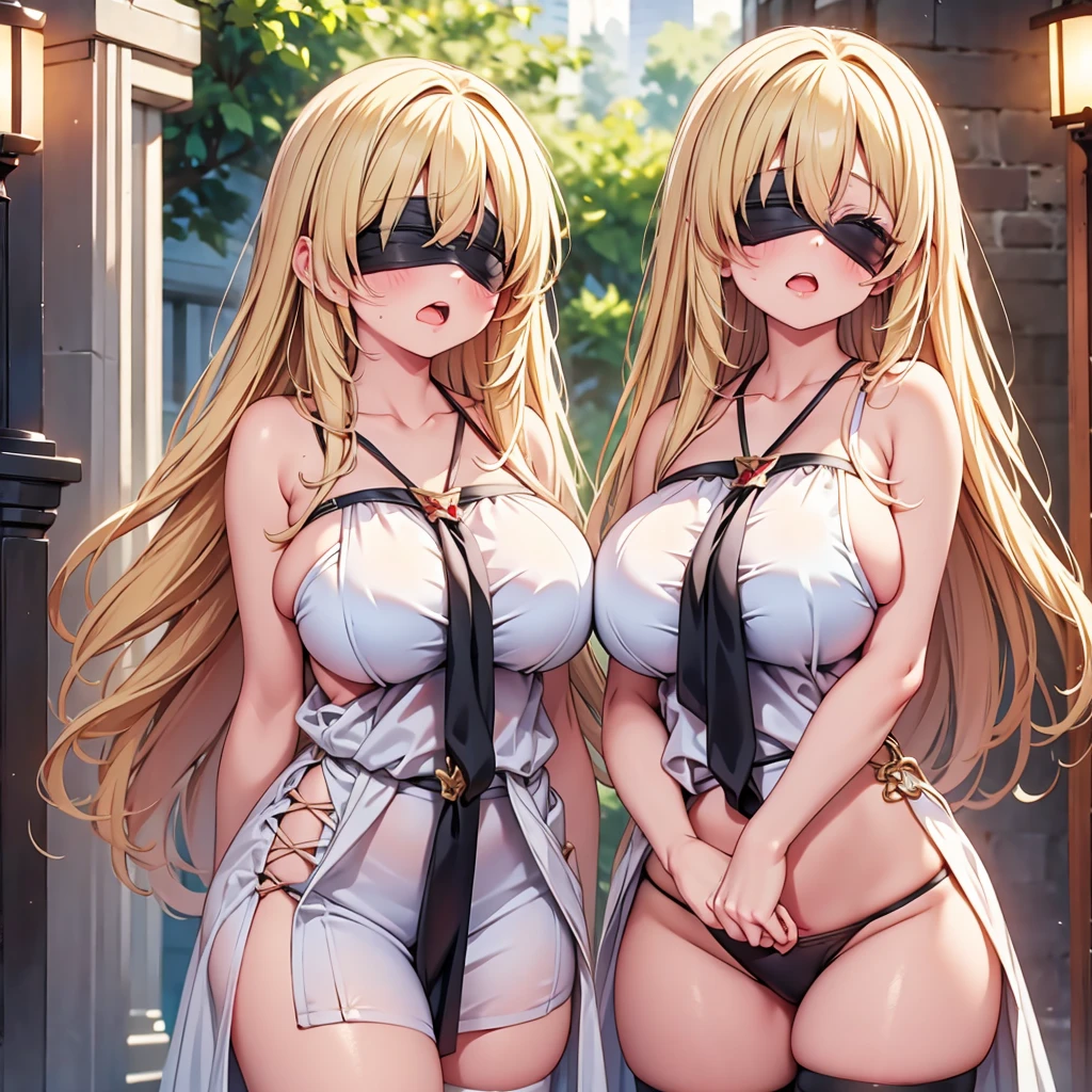highest quality,wonderful,finely,extremely detailed CG Unity 8K wallpaper, (Stand in line:1.2), (3 girls, blonde, clothed), (huge breasts:1.2), (under boob:1.4),(open mouth:1.1), (long tongue:1.1), (mouth drool:1.1), (black stockings:1.1),(Thighs:1.2),(Waistline:1.2),(black blindfold, blindfold:1.5)