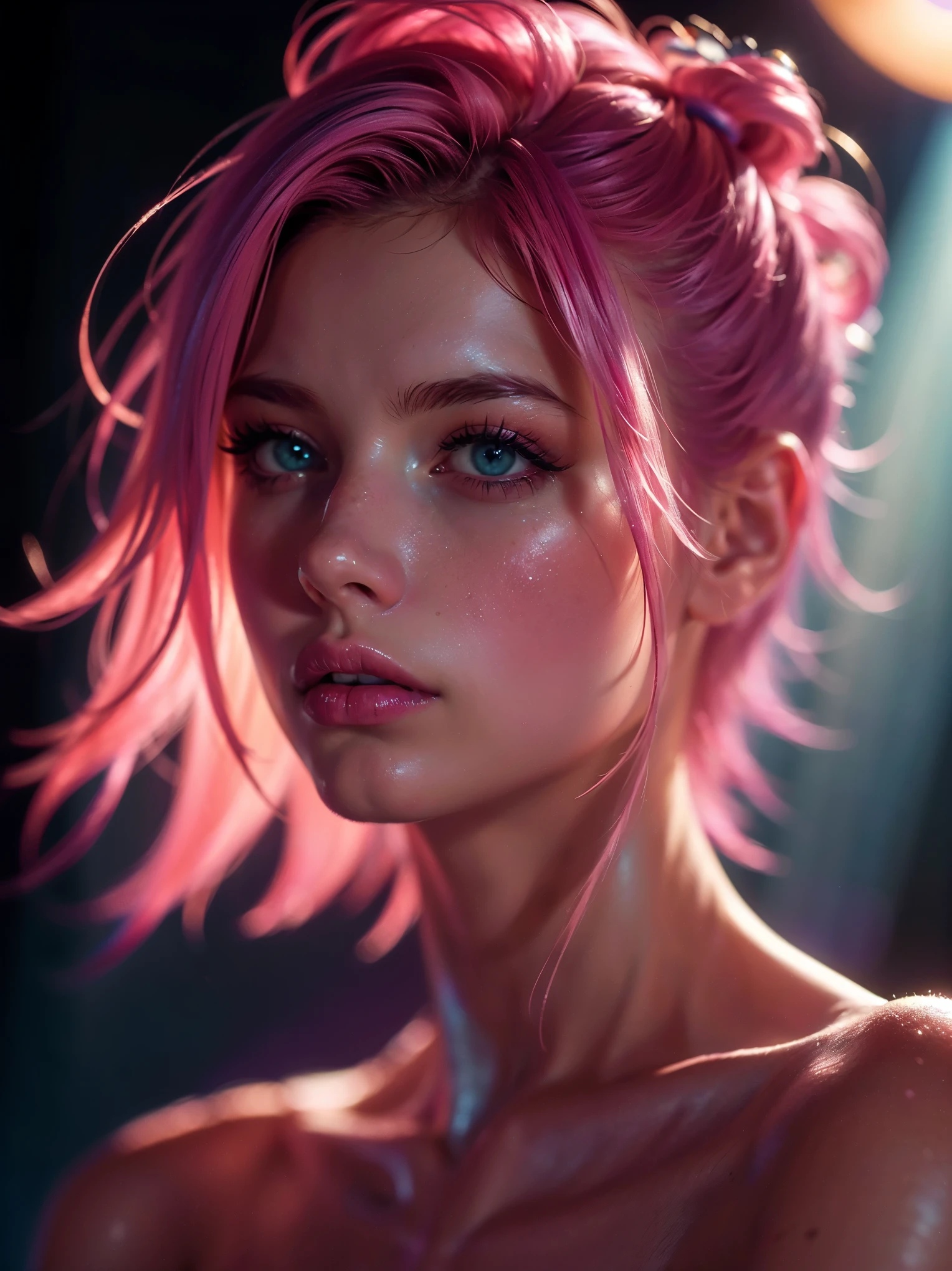 (((ultra realistic))) Photo, masterpiece, top quality, (pale skin), (Ultra detailed face and eyes:1.3), 1 girl, Adult, in a T-shirt, ((Eye makeup, pink mascara)), ((A slight smile)), ((large detailed lips)), ((Pink hair in the wind)), ((Chyolka)) , (Natural breasts), Slim waist. ((Posing)), photoshoot, studio (soft lighting), (The play of light and shadows), depth of field, bokeh, (special attention to skin detail: 1.2), Detailed leather texture, skin pores. (Warm atmosphere of the frame. Color range - purple, Pink, blue tones), UDR, ((Film grain)), ((rays)), (Glare), ((waist up portrait)) , ultra detialed,