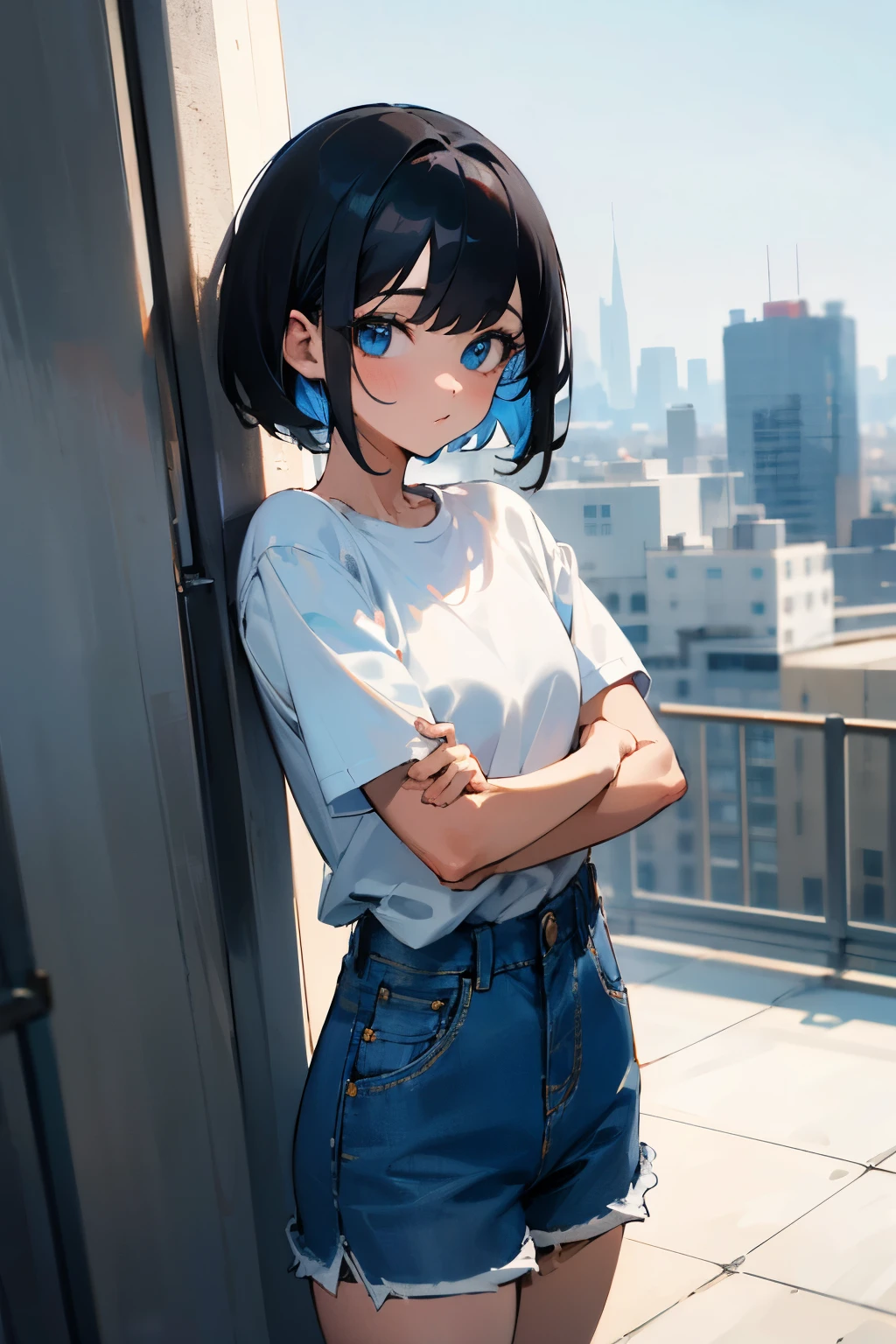 1girl, short black hair, blue eyes, wearing plain white shirt, denim shorts, city, absurdres, high res, ultrasharp, 8K, masterpiece, looking at viewer