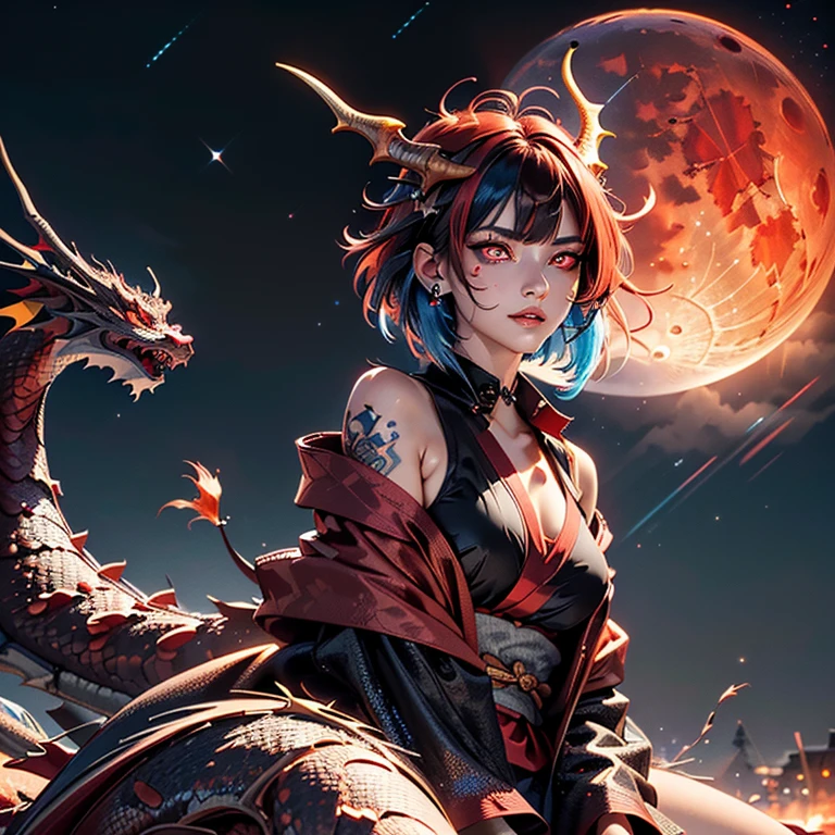 An 18 year old girl, wearing kimono, bare shoulder, sitting, looking at the Full Moon, red moon clouds, stars, point of view, dynamic angle:1.4, (((big dragon in the background, beautiful background:1.3))), girl beautiful with red lips, smile:1.3, smoky makeup, Piercing, ear piercing, ((red eyes:1.5, sparkling eyes, detailed eyes:1.4)), (Messy short hair, highlighted hair, black hair, red hair, blue hair, hair color:1.4), (Body covered in tattoo, image with skin glow, high detail), Ray tracing, motion lines, masterpiece:1.37, best quality, 8k, Ultra HD, high resolution, high details, cinematic lighting, hyperrealism, textured skin, anatomically correct, Unity 8K CG wallpaper, highly detailed:1.1, noise removal resistance:1.45