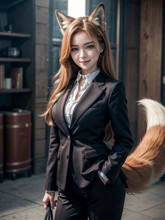 ((highest quality, 32k)), ((masterpiece)), (Get used to it), Perfect Face, Fox Girl, Beautiful woman, public, There is a tail, she has a fox tail, She wags her fluffy tail, smile, collar, She wears a business suit, Beautiful hip line, A tail sticking out from a business suit
