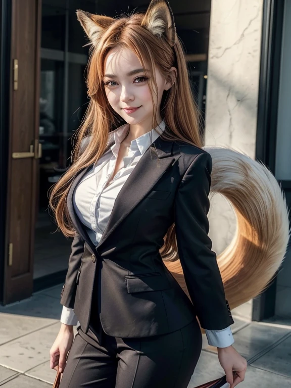 ((highest quality, 32k)), ((masterpiece)), (Get used to it), Perfect Face, Fox Girl, Beautiful woman, public, There is a tail, she has a fox tail, She wags her fluffy tail, smile, collar, She wears a business suit, Beautiful hip line, A tail sticking out from a business suit