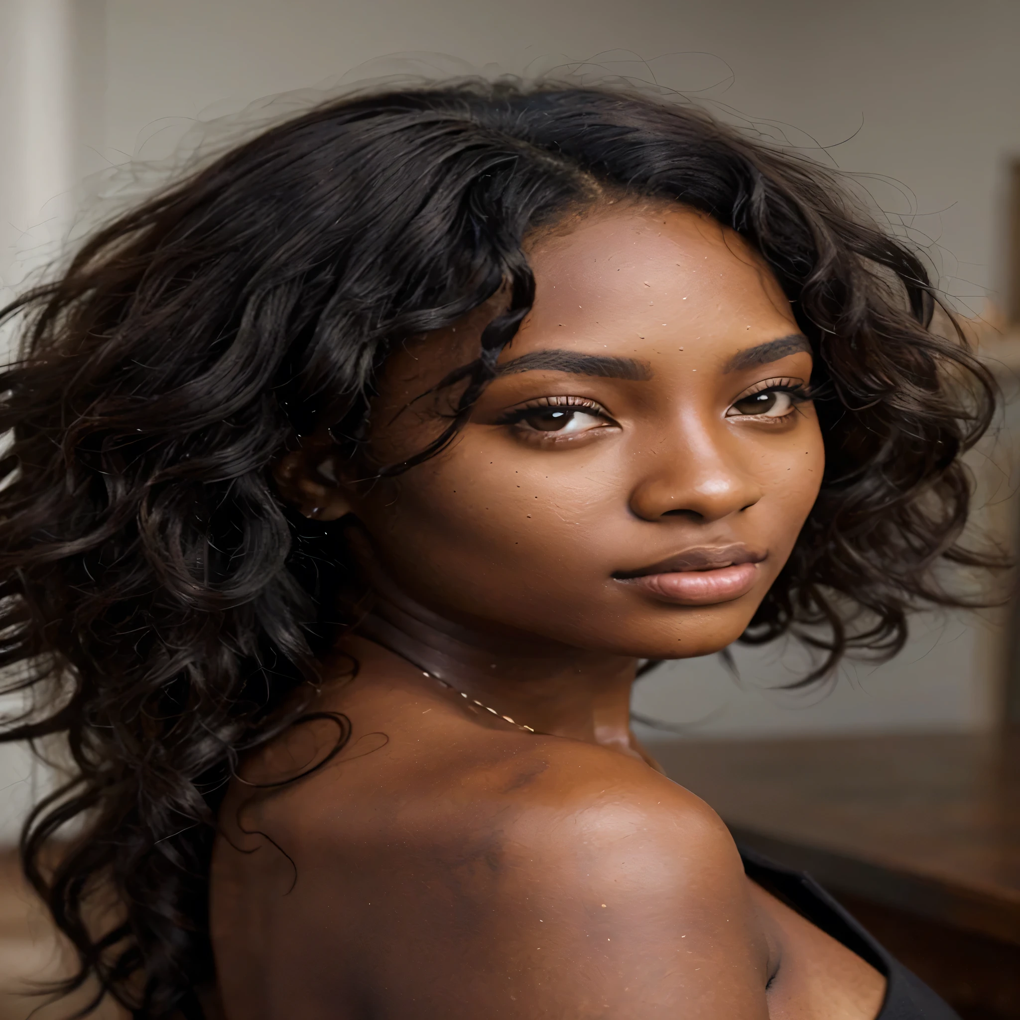 there is a woman with a black top posing for a picture, young black woman, black young woman, sexy girl with dark complexion, photo of a beautiful woman, with textured hair and skin, photo of a black woman, dark black skin tone, brown skin. light makeup, with brown skin, portrait of a beautiful model, she has olive brown skin, dark brown skin